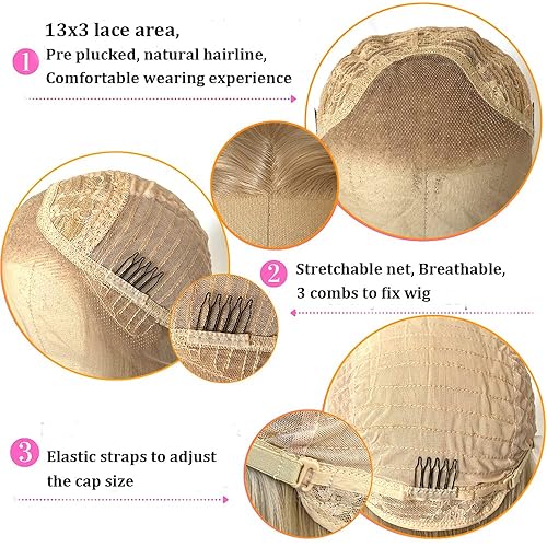 Miniatura 5 de QD-Tizer Pelucas de cabello rubio ceniza largo y lacio sintético con encaje frontal para mujeres de moda, resistente al calor, cabello suave