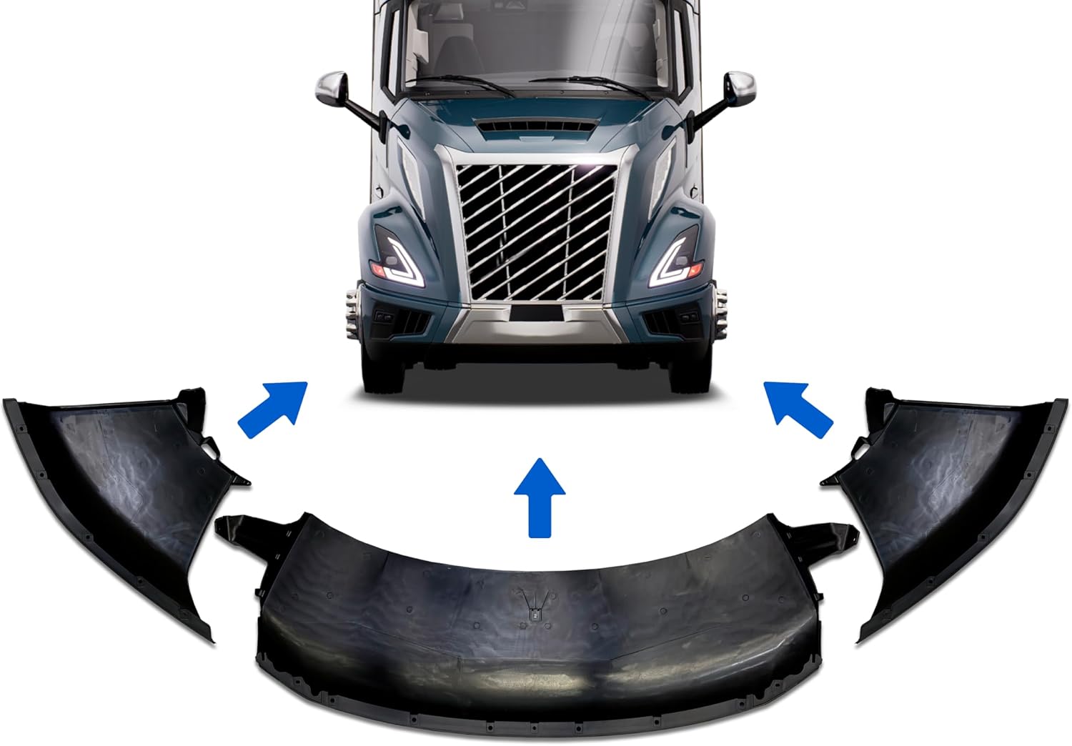 KOZAK Bumper Air Flow Deflectors Set - Left Driver, Right Passenger Side and Center Compatible with Volvo VNL New 300 440 640 660 840 860 2025+ Includes License Plate Frame, Wipers, Reflective Vest