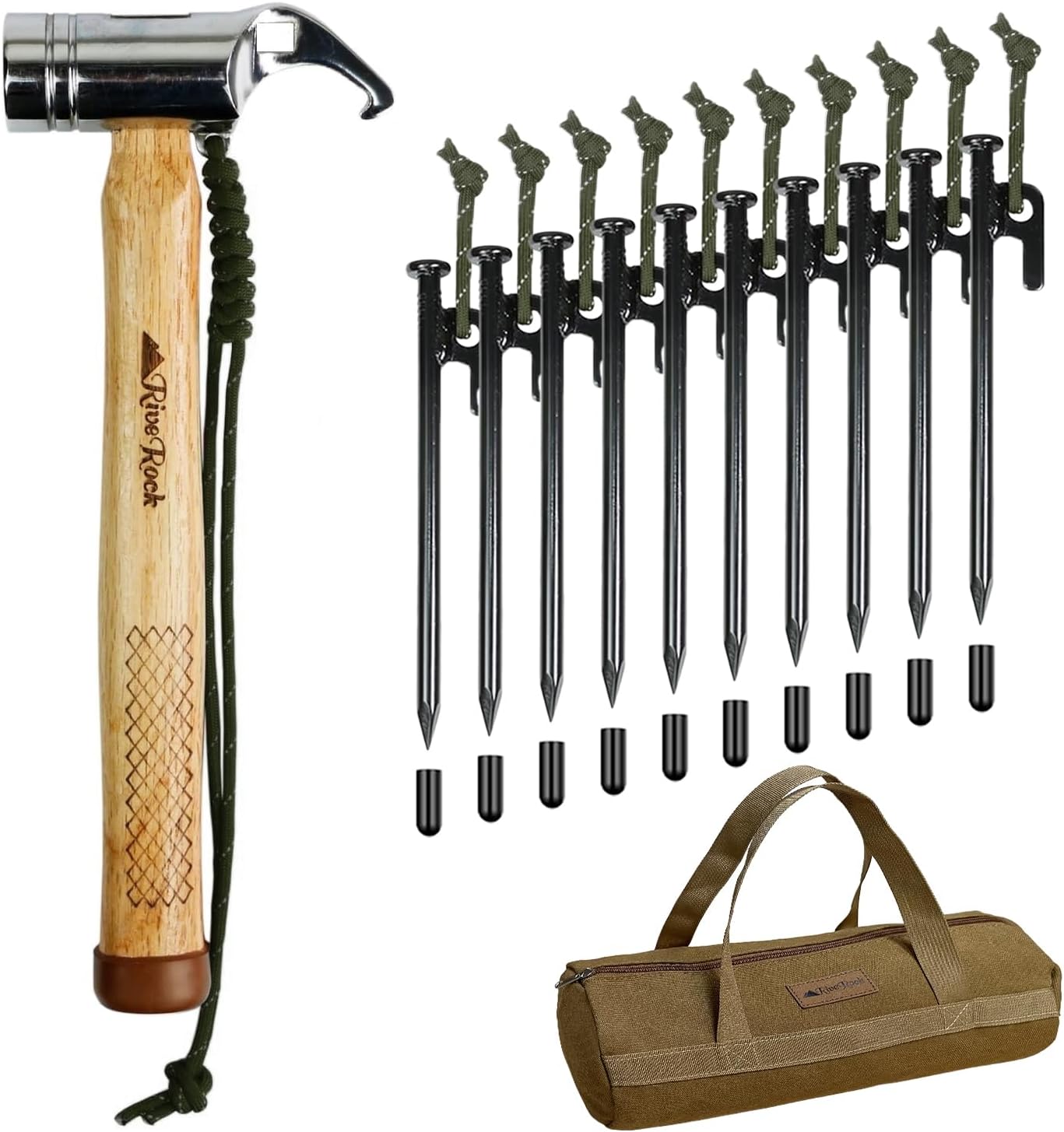 RiveRock(リバロック) ペグハンマー 帆布バック 収納袋 安全キャップ付き ペグ10本 夜光ロープ 強靭 (ハンマー＋ペグ１