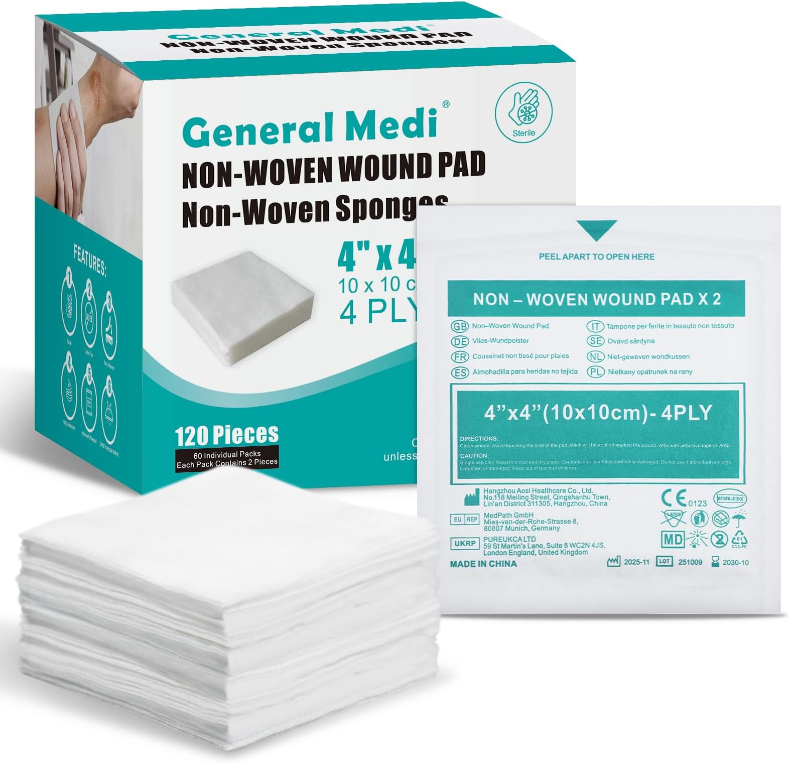 General Medi Sterile Gauze Sponges, 4" x 4" Non-Woven Wound Pads - Individually Wrapped Highly Absorbent Sponges Pads for Cushioning Minor Wounds, Cuts & Burns Wound Care (60 Packs, 120 Pieces Total)