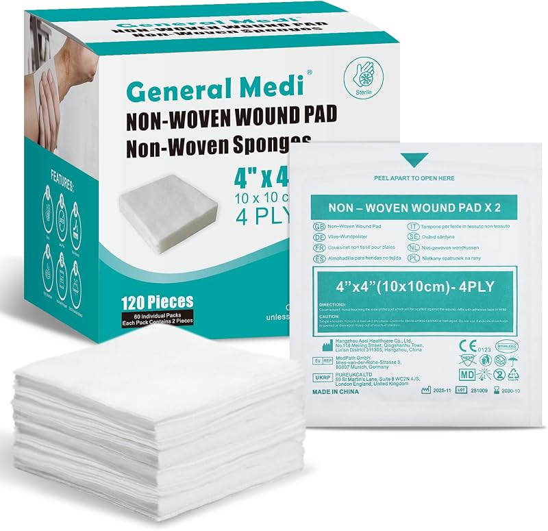 General Medi Sterile Gauze Sponges, 4" x 4" Non-Woven Wound Pads - Individually Wrapped Highly Absorbent Sponges Pads for Cushioning Minor Wounds, Cuts & Burns Wound Care (60 Packs, 120 Pieces Total)