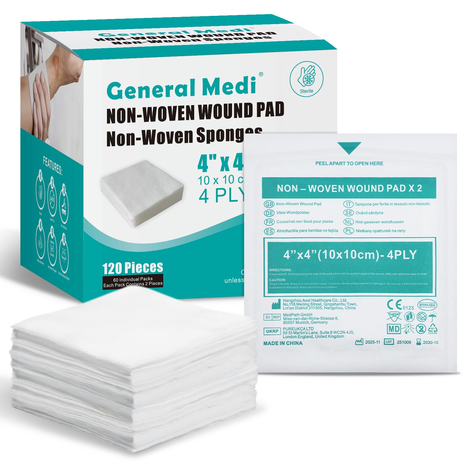 General Medi Sterile Gauze Sponges, 4" x 4" Non-Woven Wound Pads - Individually Wrapped Highly Absorbent Sponges Pads for Cushioning Minor Wounds, Cuts & Burns Wound Care (60 Packs, 120 Pieces Total)