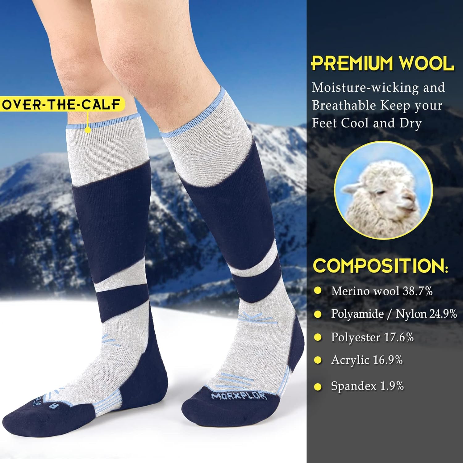 Merino Wool Ski Socks 2 Pairs Pack for Men&Women,Skiing and Snowboarding Knee High Warm Socks for Cold Weather - Image 3