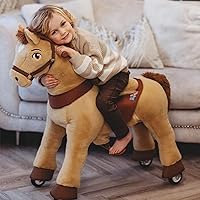 PonyCycle E336 Light Brown Ride-On Horse for Toddlers 3-4: Plush Kid-Powered Walking Rocking Toy with Hand Brake & Wheels, No Battery