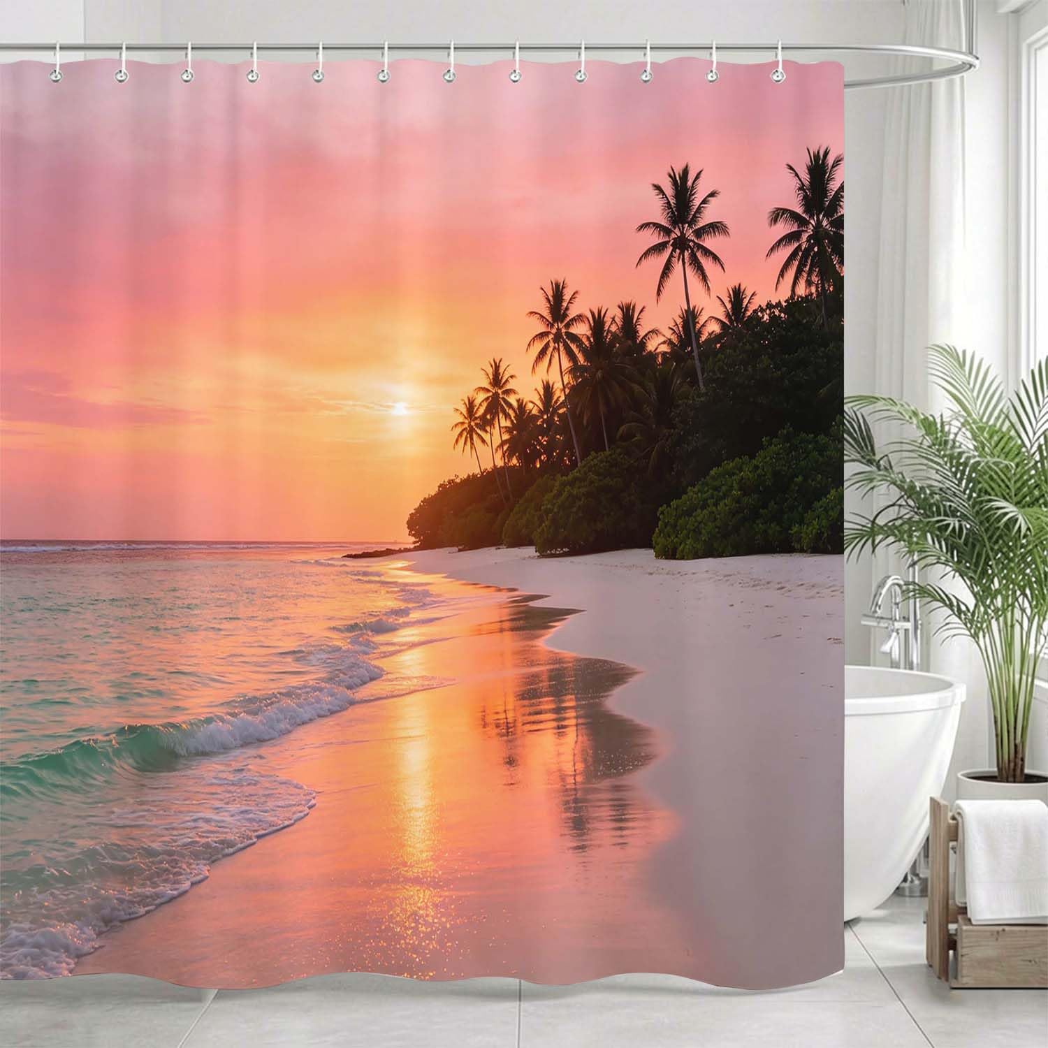 Rideau de Douche Anti Moisissure Coucher de Soleil sur la Mer, Rideau de Bain Hawaï 3D Rideaux de Douche en Polyester, Imperméable, Lavable en Machine, avec Crochets, 300 x 200 cm 1441-YLP
