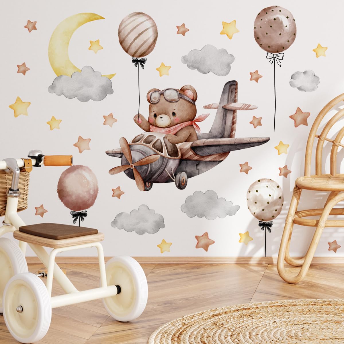Runtoo Baby Bear Flying Plane Wall Decal Moon and Stars Sweet Dream Animal Wall Stickers Baby Nursery Kids Bedroom Home Decor - Image 4