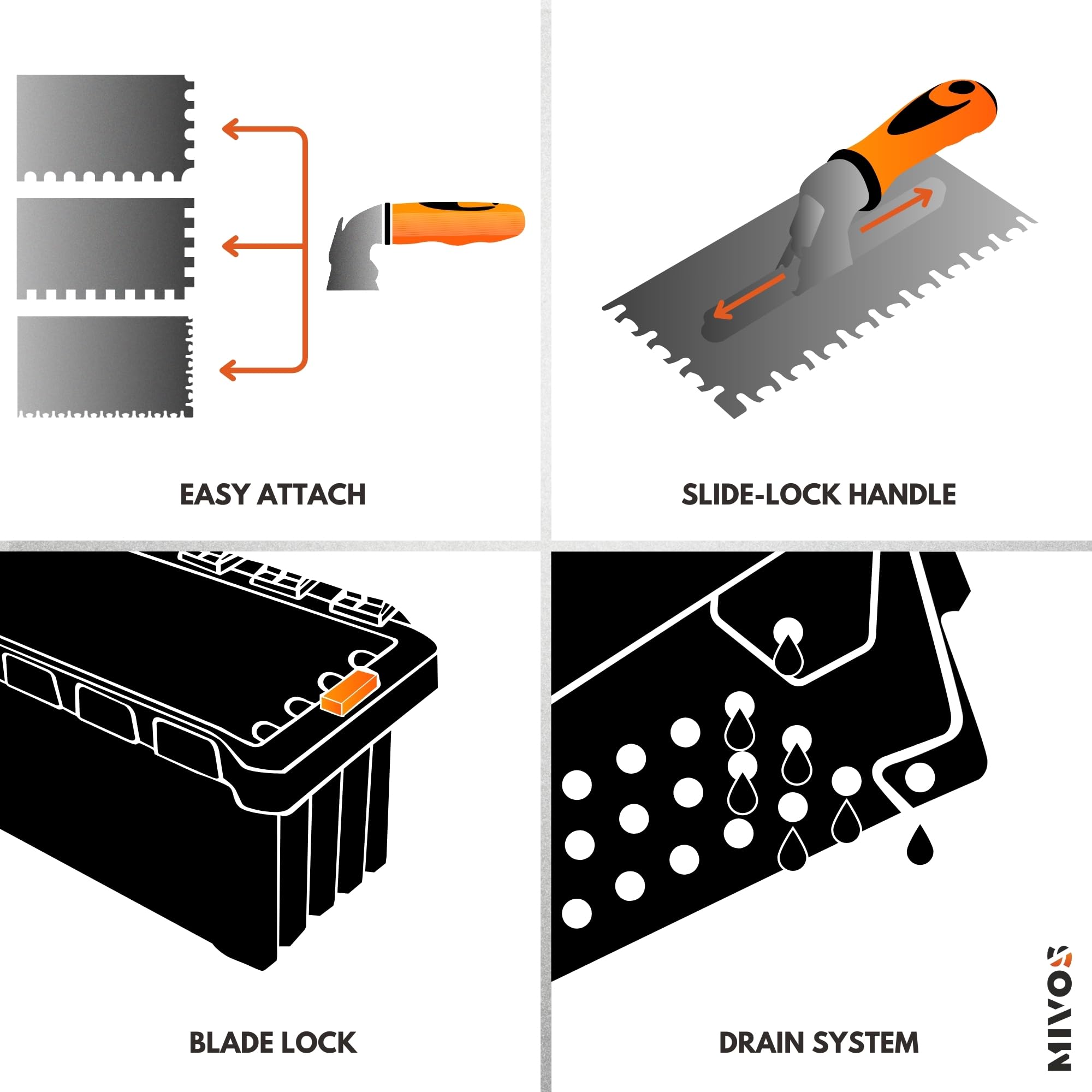 MIVOS Trowels Set including removable handle and transport box, 6, 8, 10, 12 mm, U-type, Tiger type, 6 toothed trowels - Image 4