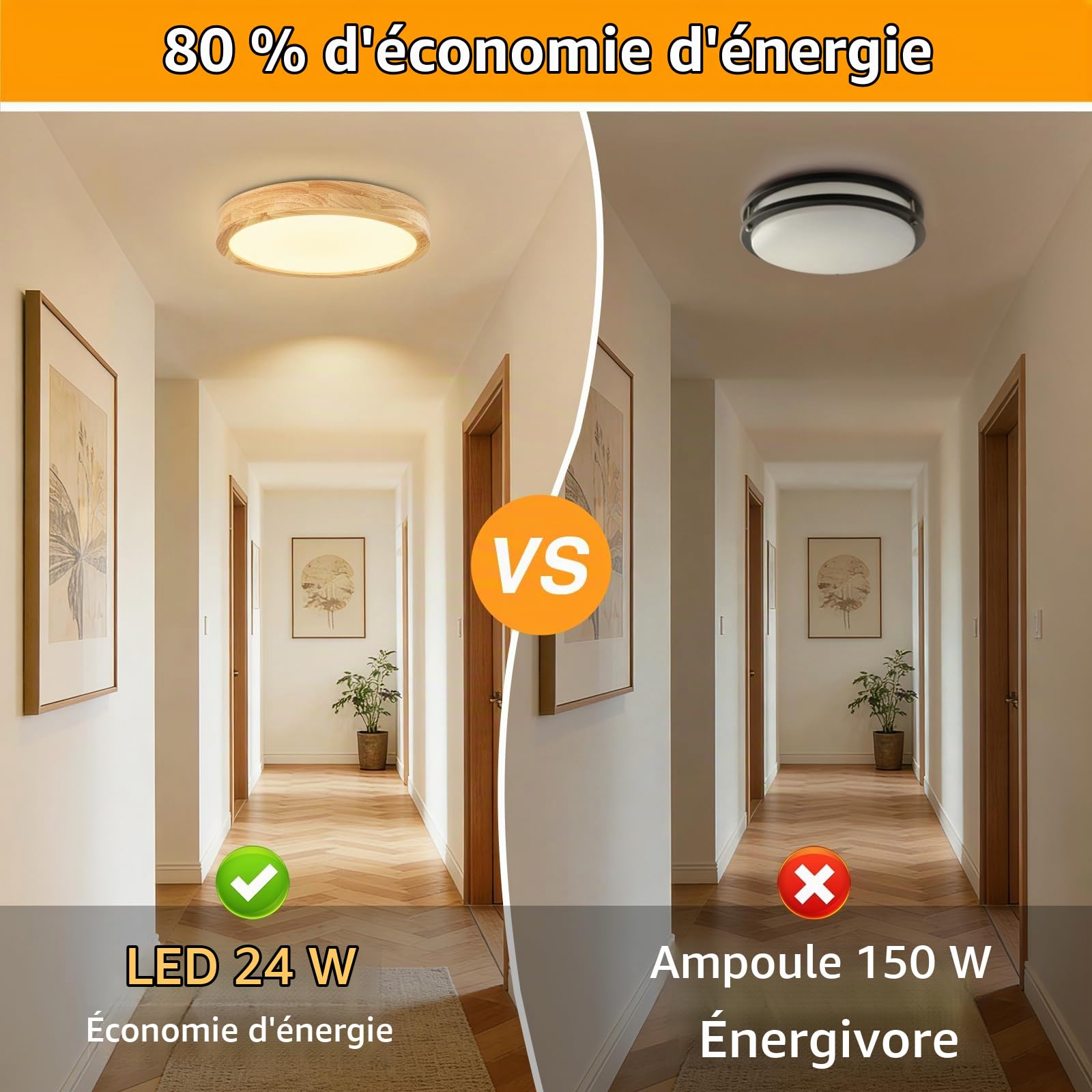 Plafonnier LED Bois Naturel Design Nordique ∅30cm, Blanc Chaud 2pack