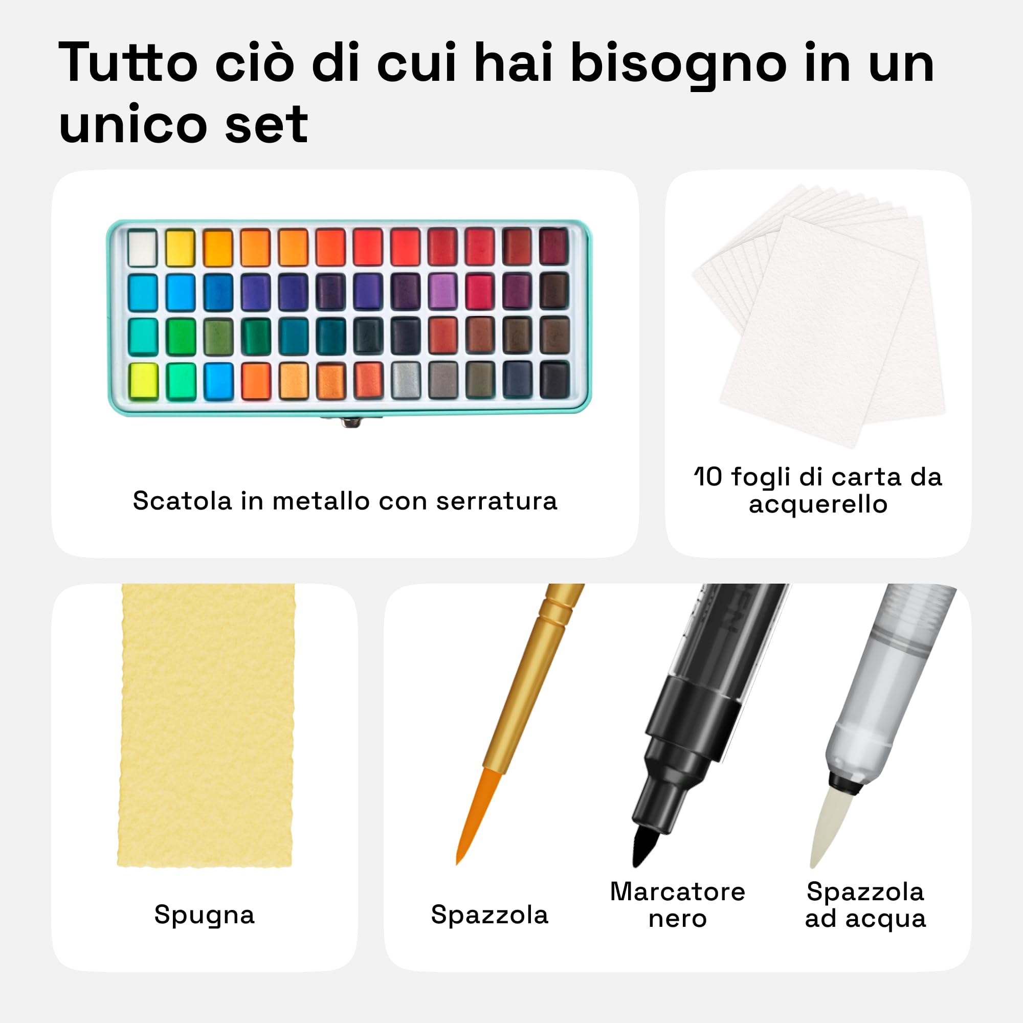 Artistro Set per Acquerello in Astuccio, Acquerelli in 48 Colori con Metallizzati e Neon + Accessori. Acquerelli Professionali per Artisti e Hobbisti. Acquarelli per Bambini e Adulti