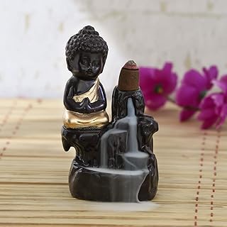 eCraftIndia Black Golden Meditating Monk Buddha Statue Smoke Backflow Incense Holder with Incense Cones Showpiece for Home Decor Living Room Office Gift for Diwali Housewarming Buddha Purnima Birthday