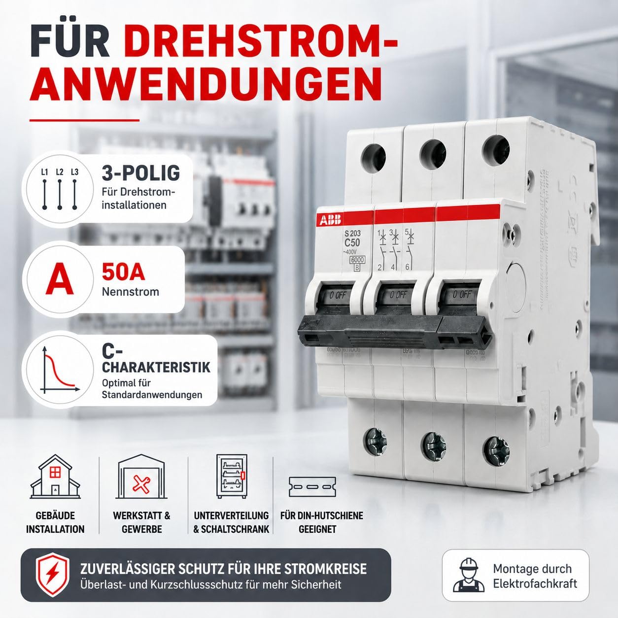 ABB S203-C50 Leitungsschutzschalter 3-polig C50A 6kA Sicherungsautomat Drehstrom LS-Schalter System pro M compact für Hutschiene nach DIN VDE IEC EN 60898-1 Art. 2CDS253001R0504