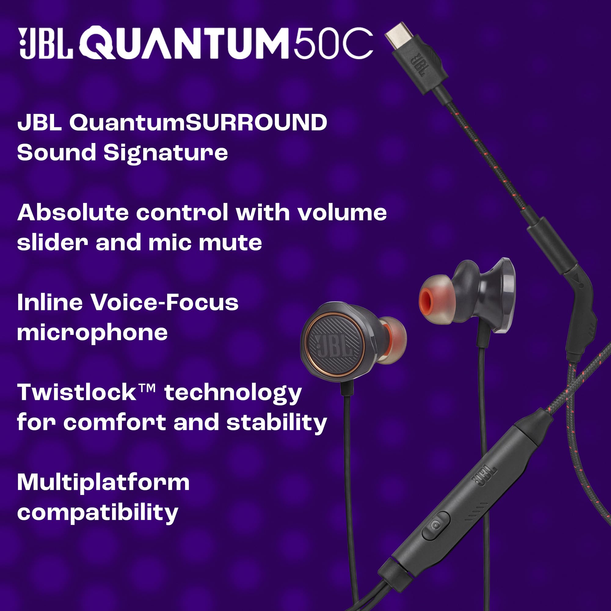 JBL Quantum 50 C Słuchawki Przewodowe Douszne do Gier z Mikrofonem z funkcją „Voice Focus” i Wyciszeniem, Adapterem USB C, Dźwiękiem JBL QuantumSURROUND, Kompatybilne z Wieloma Platformami, Czarne
