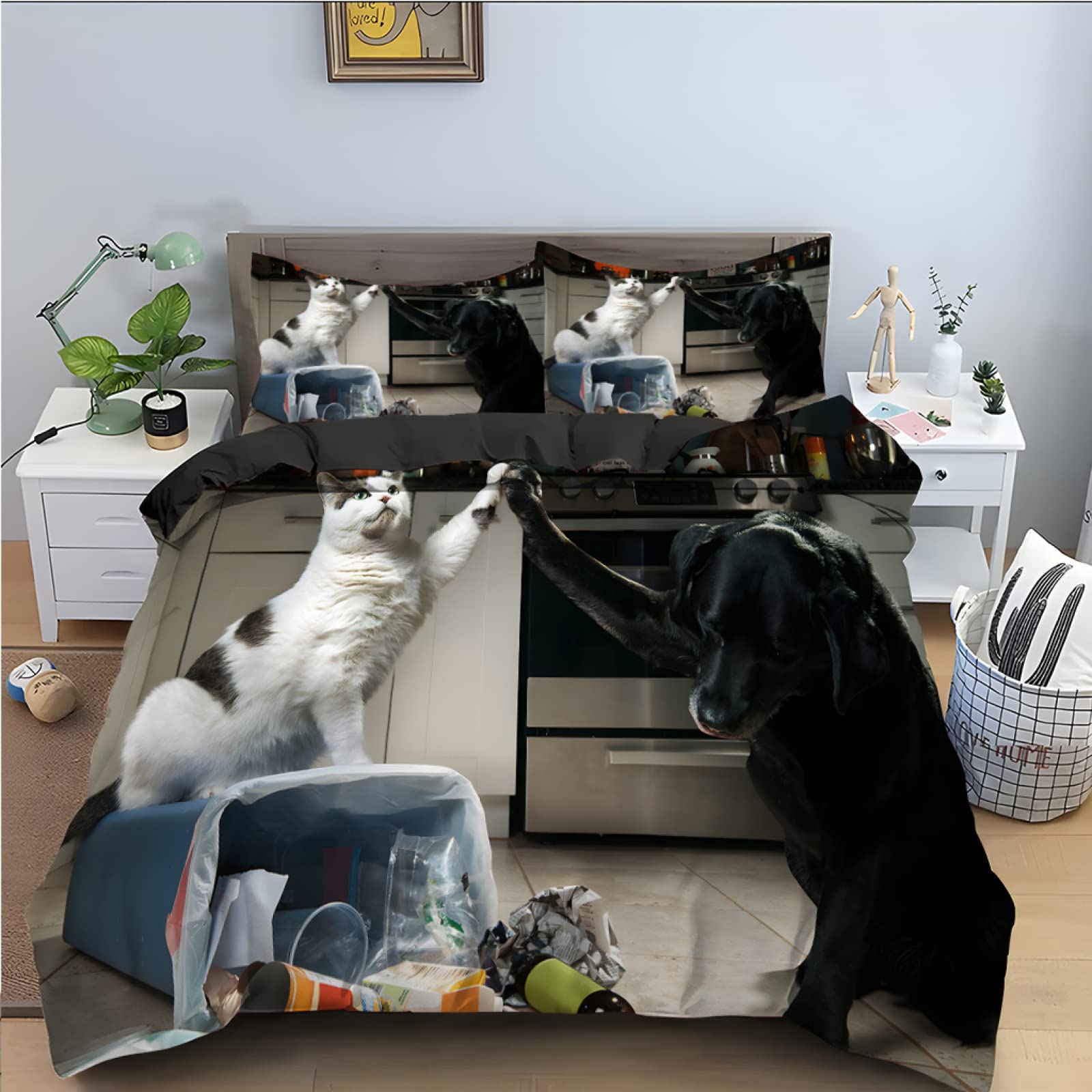 Pościel 200 x 220 cm, pies i kot, poszwa na kołdrę 200 x 220 cm z zamkiem błyskawicznym - ciepła puszysta miękka pościel z mikrofibry dla alergików + 2 poszewki na poduszkę 80 x 80 cm (rozmiar można zmieniać)