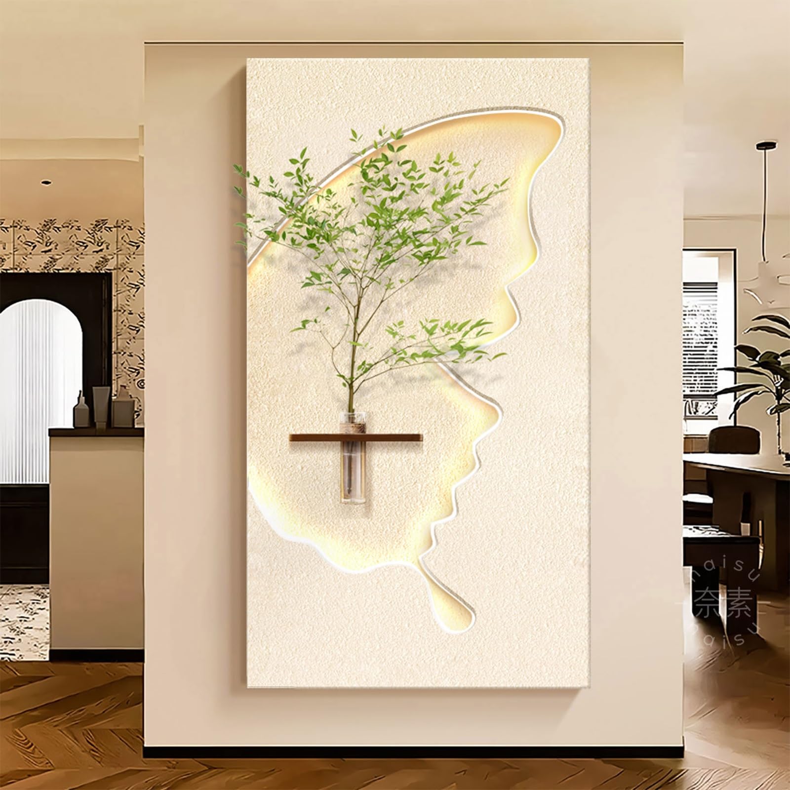 PGZMDTWI 3D Sandstone Textured LED Glass Vase Cream Sculpture,Modern Living Room Entryway Wall Painting Décor(B,100 * 190CM 9.4 * 74.8IN)