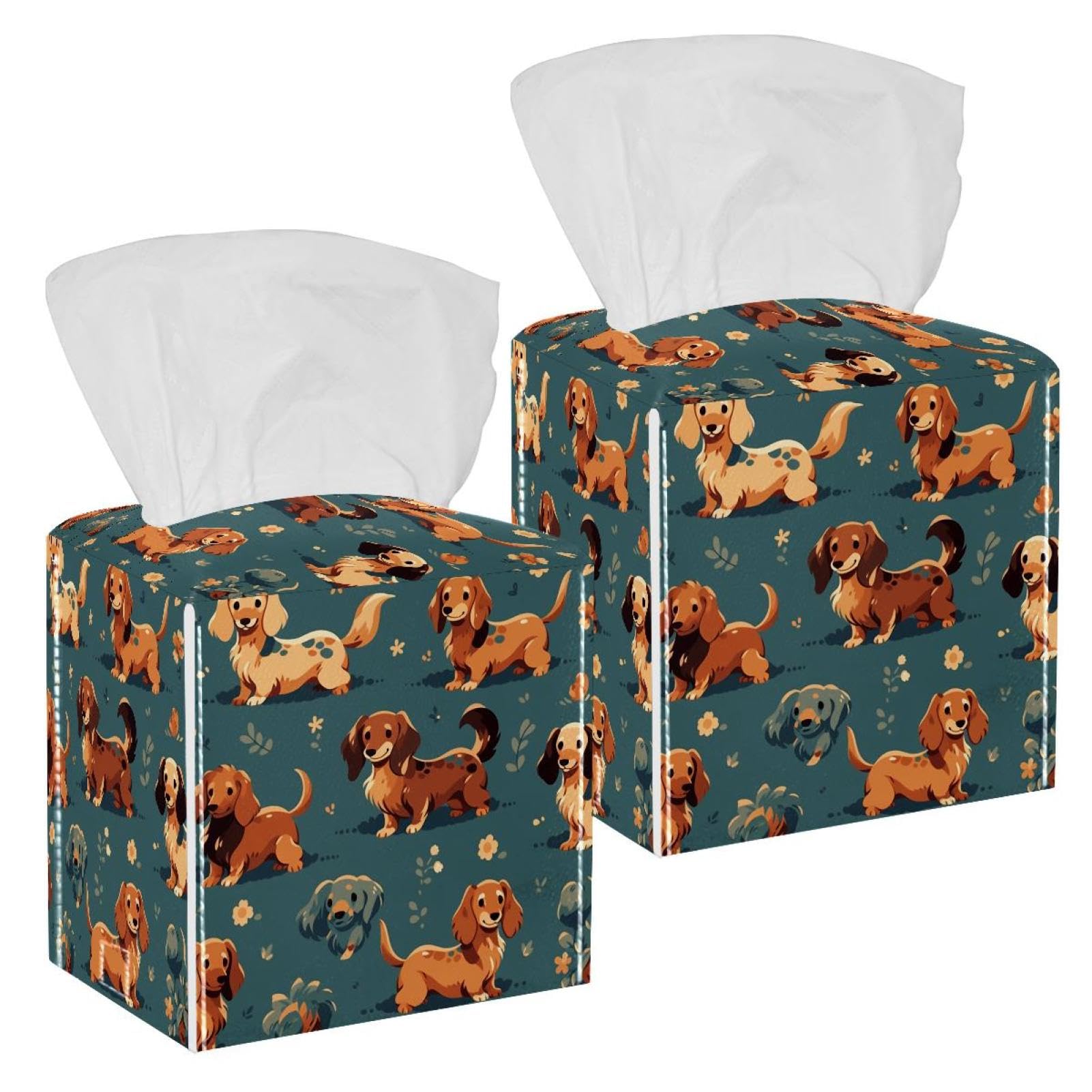 Cartoon Dog Tissue Box Cover, 2 Pack PU Leather Square Facial Tissue Dispenser Box holder for Home Office Car