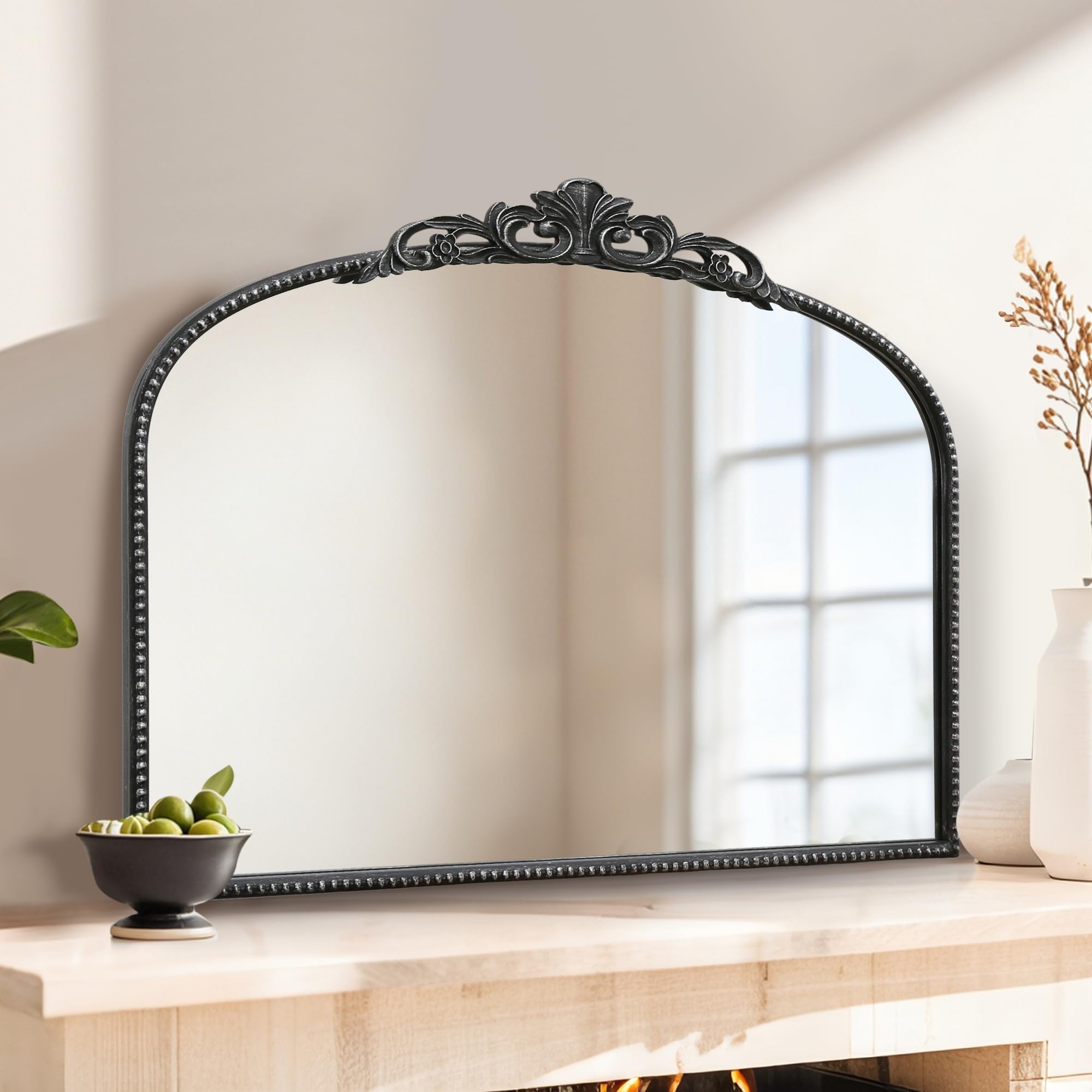 Black Vintage Wall Mirror: 24"x 32" French Baroque Antique Arched Wall Mounted Mirror - Traditional Ornate Decorative Entryway Mirror for Home Decor/Entryway/Fireplace/Living Room/Hallway