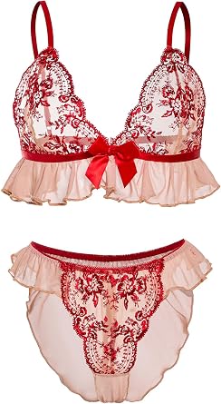 OYOANGLE Womens 2 Piece Lingerie Set Floral Ruffle Trim Bra and Panty Set