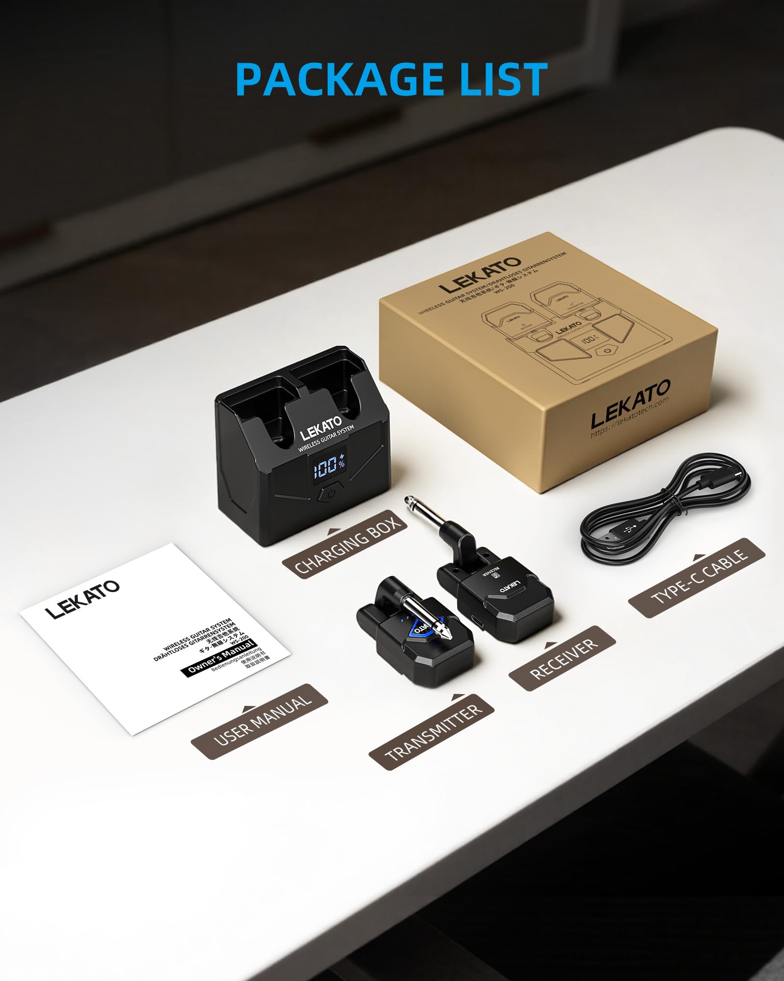 LEKATO Sistema per chitarra wireless con custodia di ricarica, ricevitore trasmettitore per chitarra con 15 ore di autonomia, cavo ricaricabile senza fili per chitarra e basso con 4 canali per