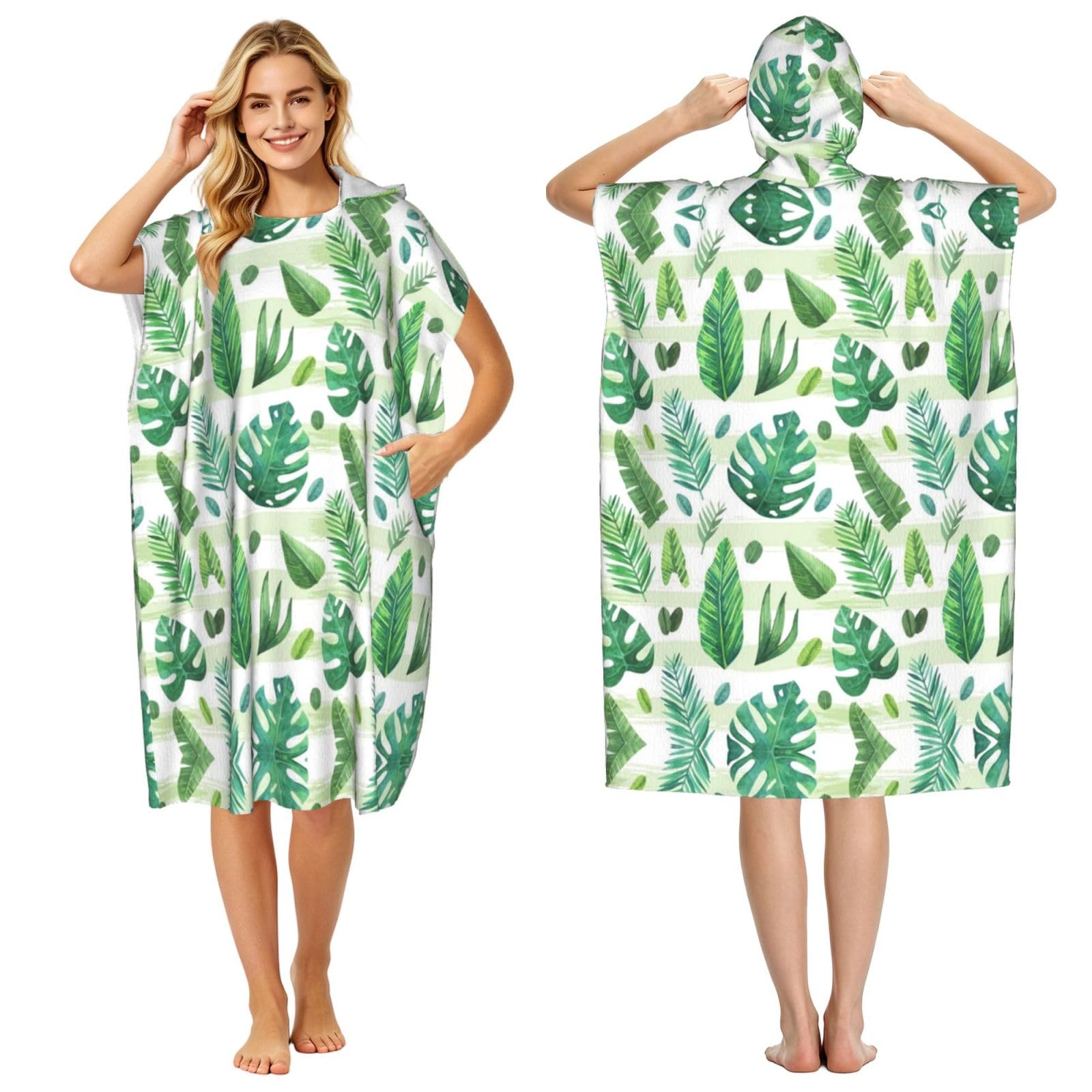 EZDLOWVBA Tropical Tree Leaves Print Hooded Poncho Microfiber Beach Towel,Adult Women & Men Changing Robe,Lightweight Summer Surf Swim Bath Poncho Towel