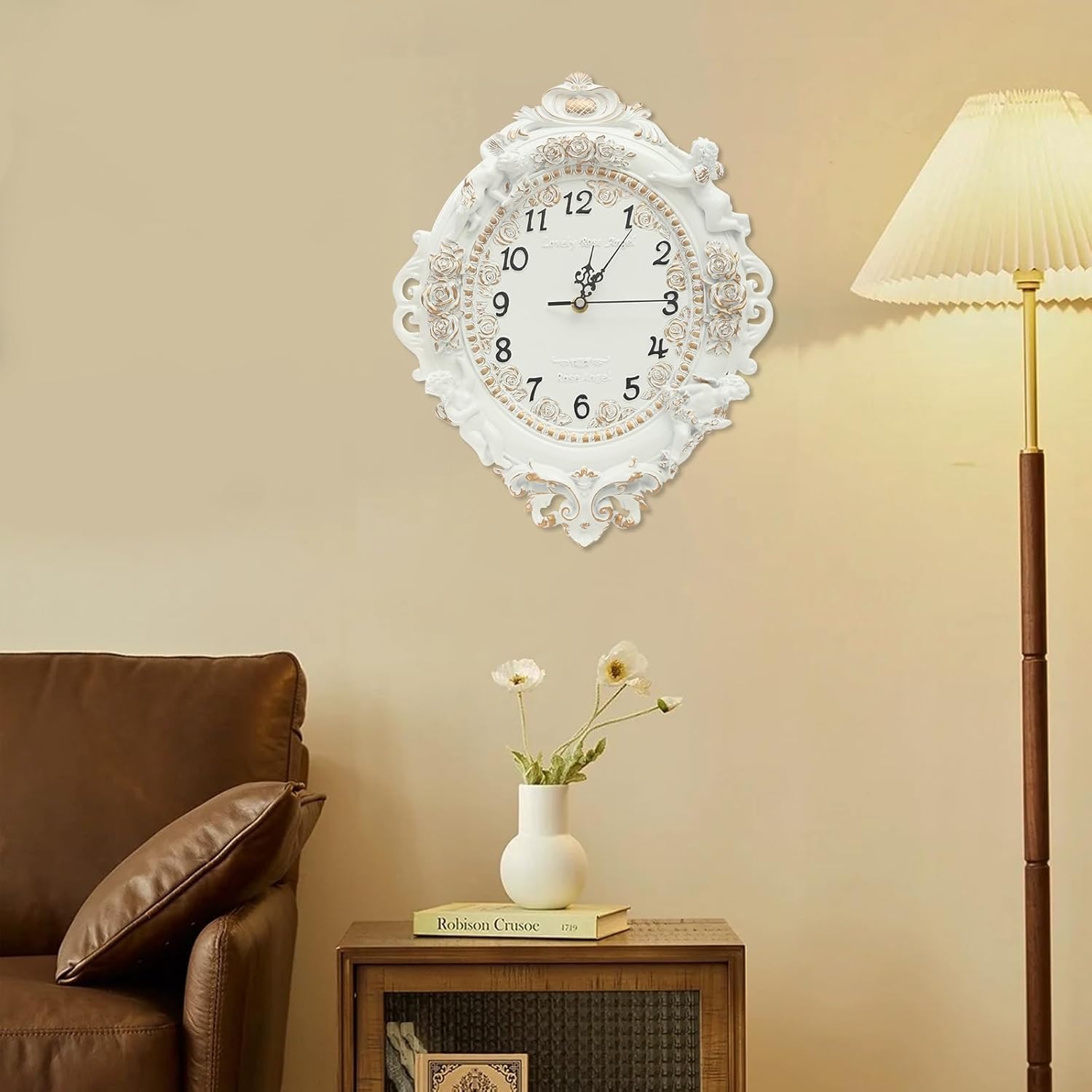 European Style Resin Wall Clock, Retro Silent Clock with Angel and Rose Relief, Decorative Mural Clock for Living Room, Bedroom, Office, Farmhouse, Kitchen & Home Decor (Off-white, 12.8*2.8*16.3in)