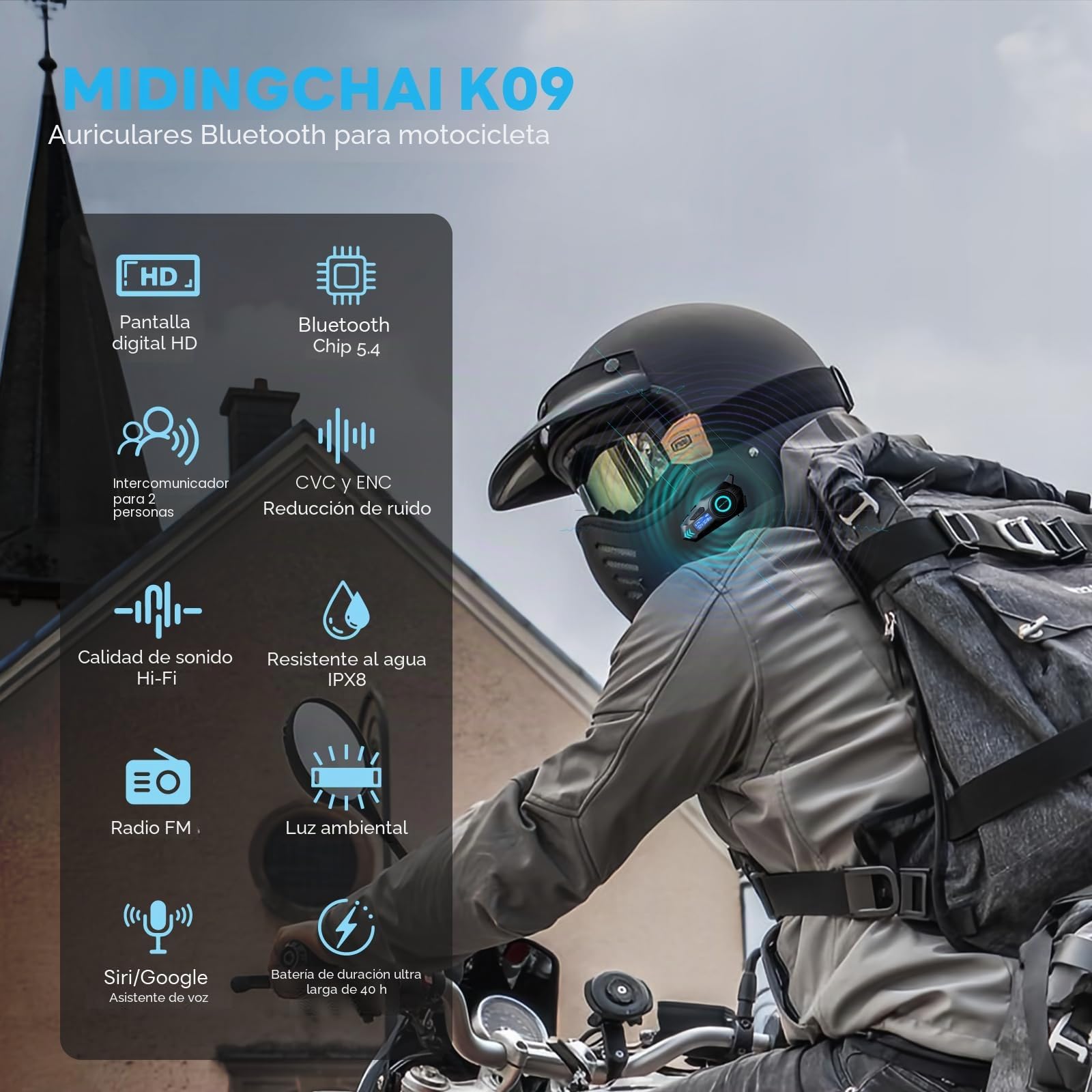 K09 Intercomunicador Moto Bluetooth 5.4, Kit Manos Libres para Motocicleta 500 m Doble Comunicación, Auriculares con Pantalla Digital, IPX8 Impermeable, Sonido HI-FI, FM (1 Pieza)