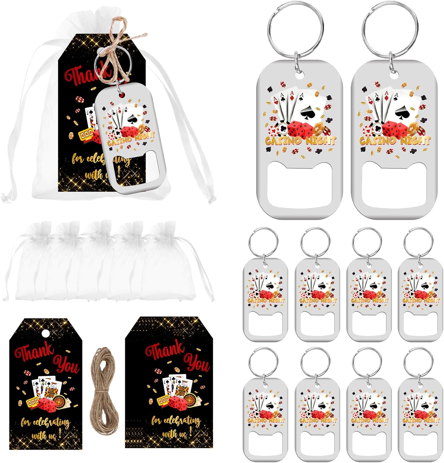 72PCS Casino Bottle Openers Party Favors Casino Night Party Decorations Playing Cards Theme Thank You Tags Organza Bags for Casino Night Party Favors Birthday Supplies Souvenirs Gifts