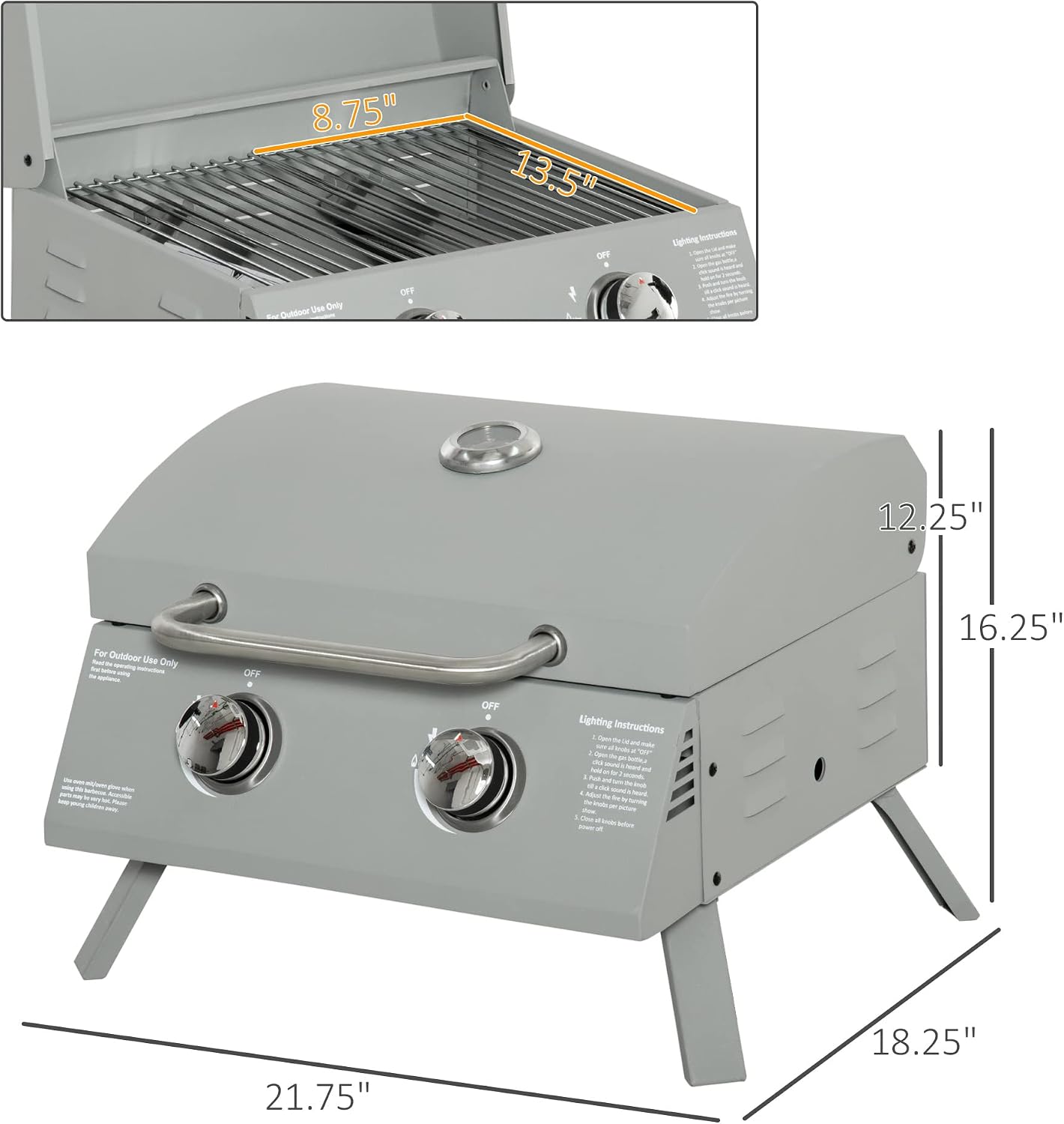 Outsunny 2 Burner Propane Gas Grill Outdoor Portable Tabletop BBQ with Foldable Legs, Lid, Thermometer for Camping, Picnic, Backyard, Light Grey