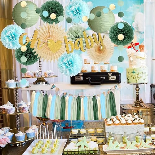Miniatura 5 de Decoraciones para baby shower con temática de niño verde salvia, azul, verde oliva oscuro, verde salvia y azul claro, decoraciones retro de papel de