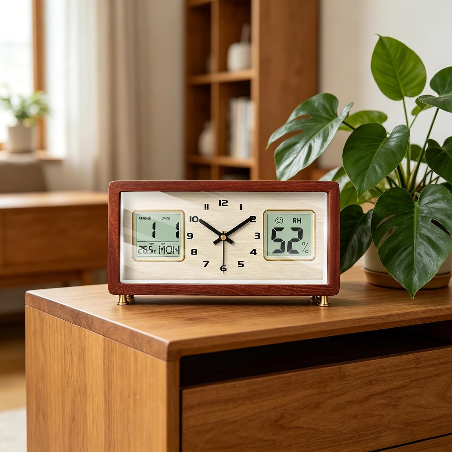Silent Wooden Mantel Clock Analog Digital, Temperature Humidity Date Display, 3-Level Dimmable Backlight, Battery Operated Desk Shelf Clock for Living Room Office - Wood Grain White
