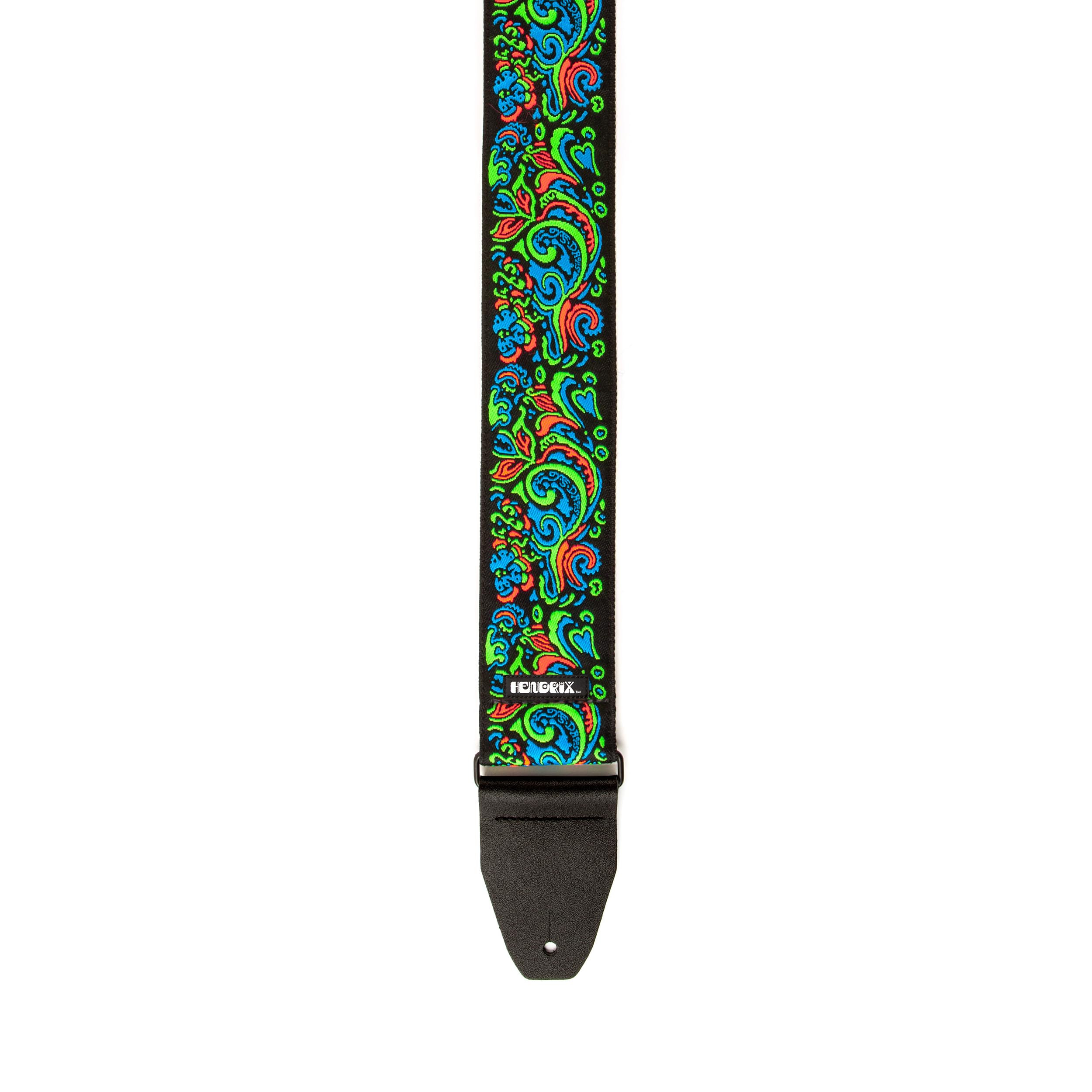 DUNLOP - Tracolla JH27 Jimi Hendrix Blacklight Love Drops Blue, jacquard reattivo UV, regolabile 99–168 cm, finiture in pelle, edizione limitata