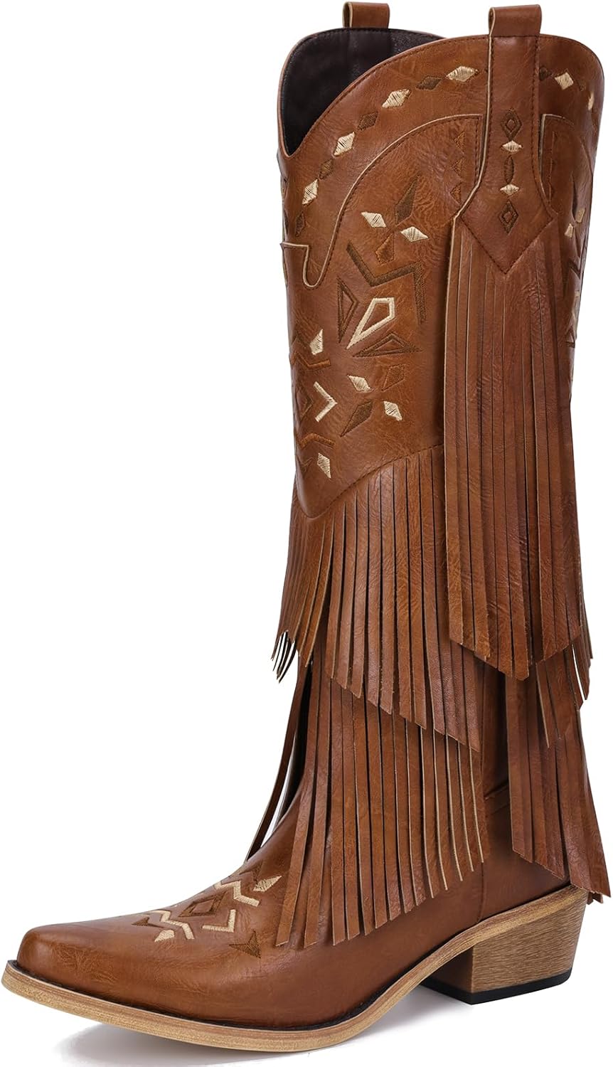Brown Cowboy Boots for Women - Fringe Knee High Cowgirl Boots with Classic Embroidery, Pointed Toe Pull on Retro Design, for Western Parties, Weddings and Events Size 11