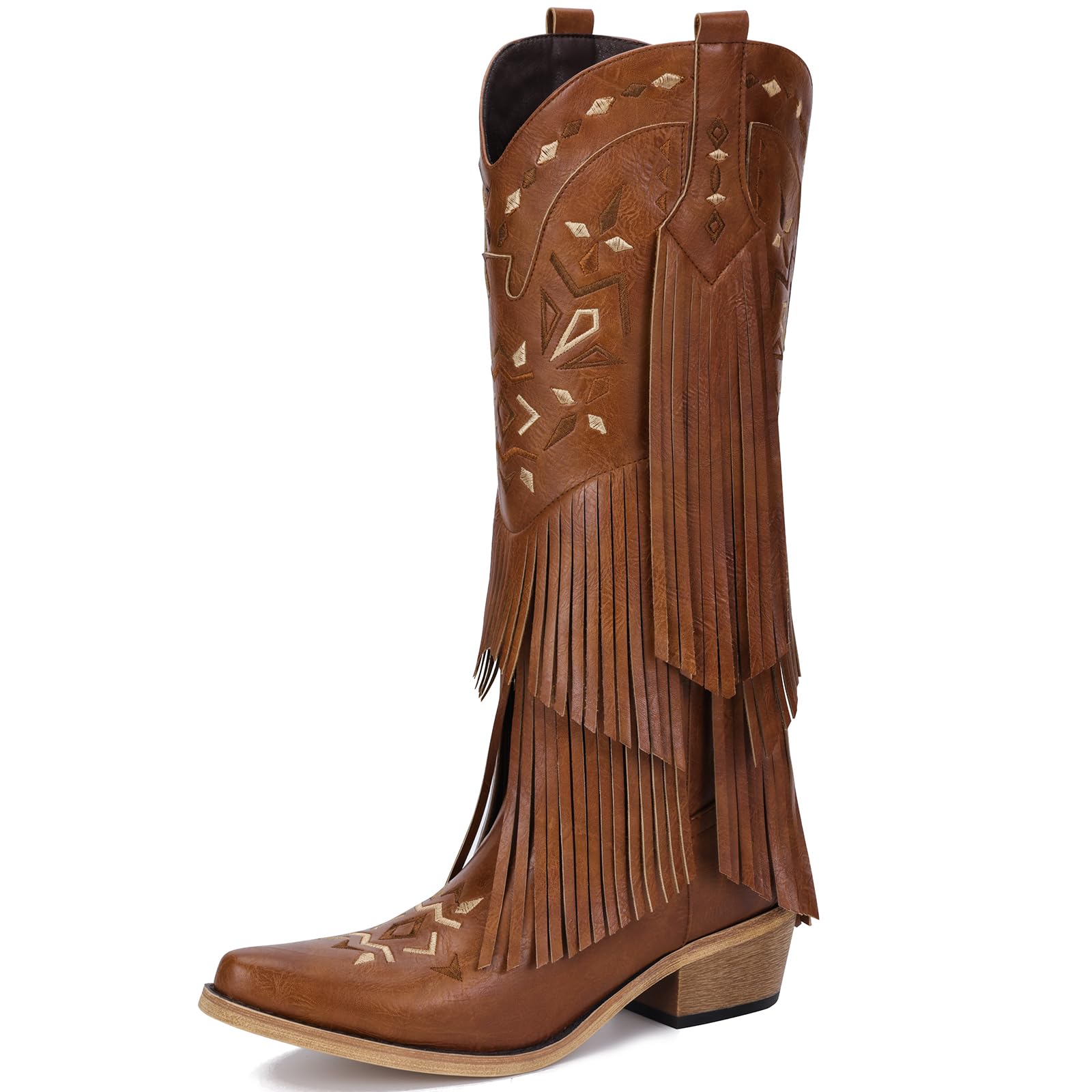 Bybmorto Brown Cowboy Boots for Women - Fringe Knee High Cowgirl Boots with Classic Embroidery, Pointed Toe Pull on Retro Design, for Western Parties,