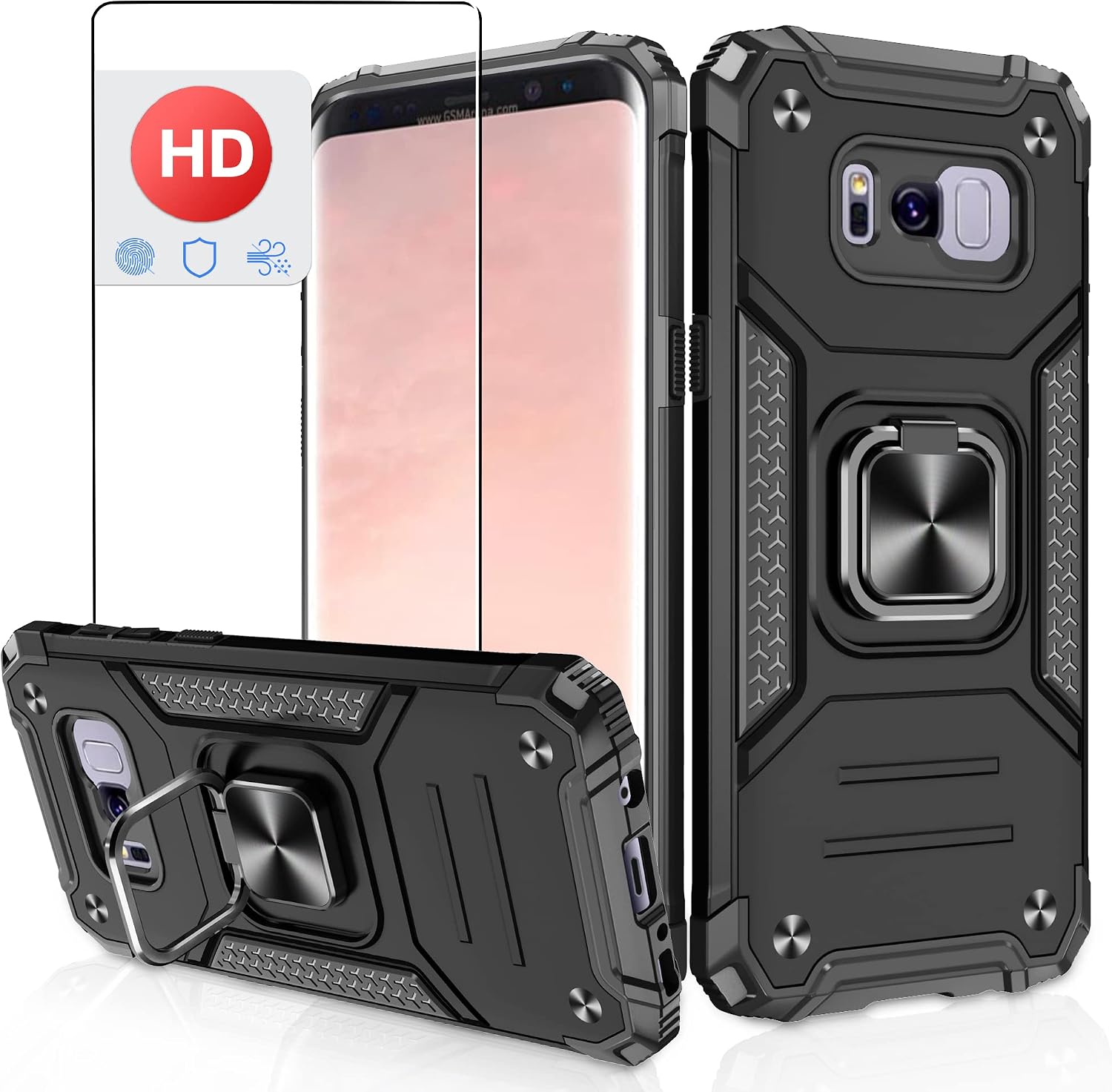 Galaxy S8 Plus Case, Samsung S8 Plus Phone Case with HD Screen Protector, Atump 360° Rotation Ring Kickstand [Military Grade] Dual Layer Shock Absorption Protective Case for Galaxy S8+, Black