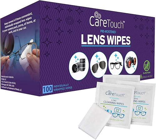 Care Touch Toallitas para lentes - 100 toallitas prehumedecidas envueltas individualmente, 5 x 6 pulgadas, limpiador de lentes de cámara, lentes de