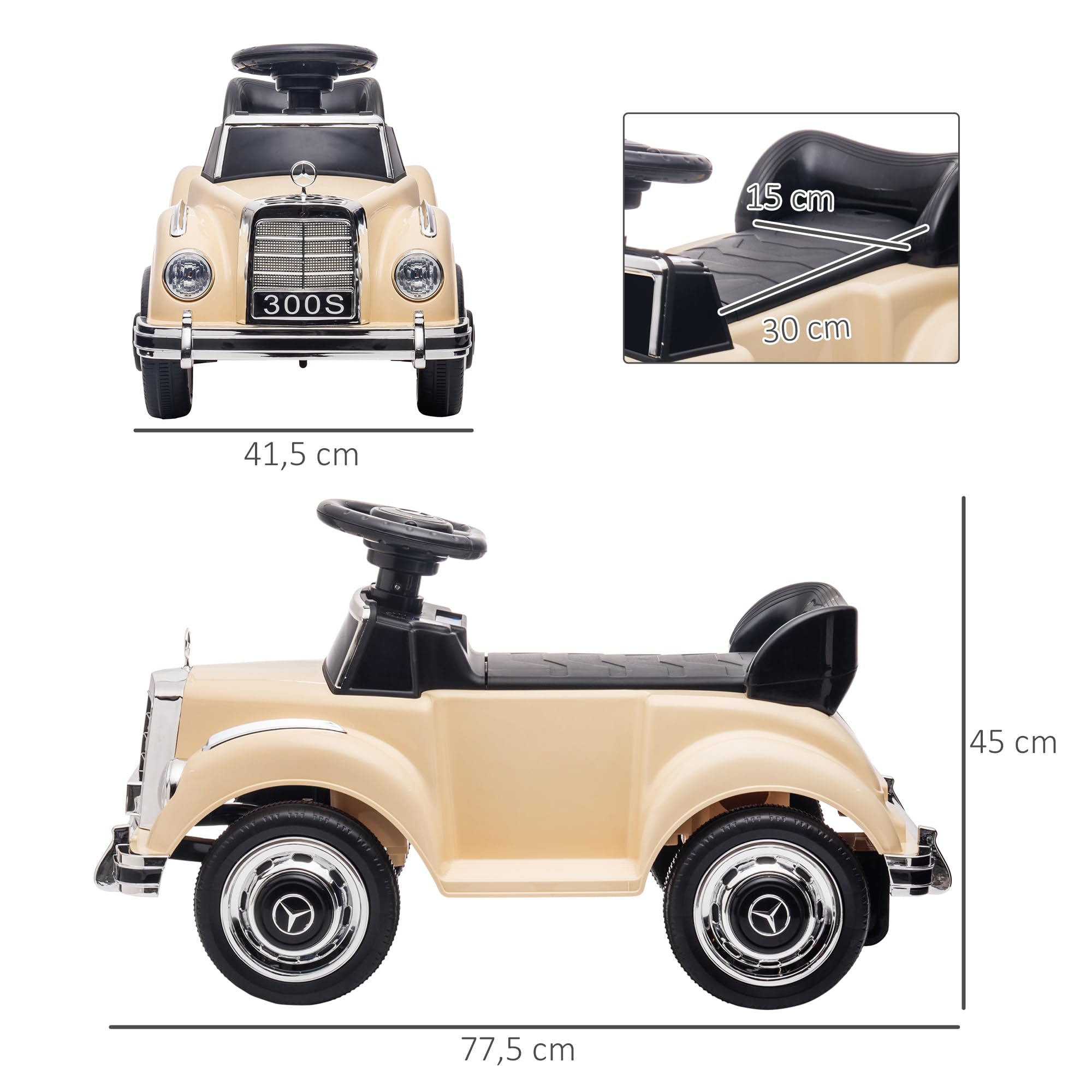 AIYAPLAY Porteur Enfants Voiture Licence Mercedes-Benz 300S 18-48 Mois Coffre Rangement sous Le siège Beige
