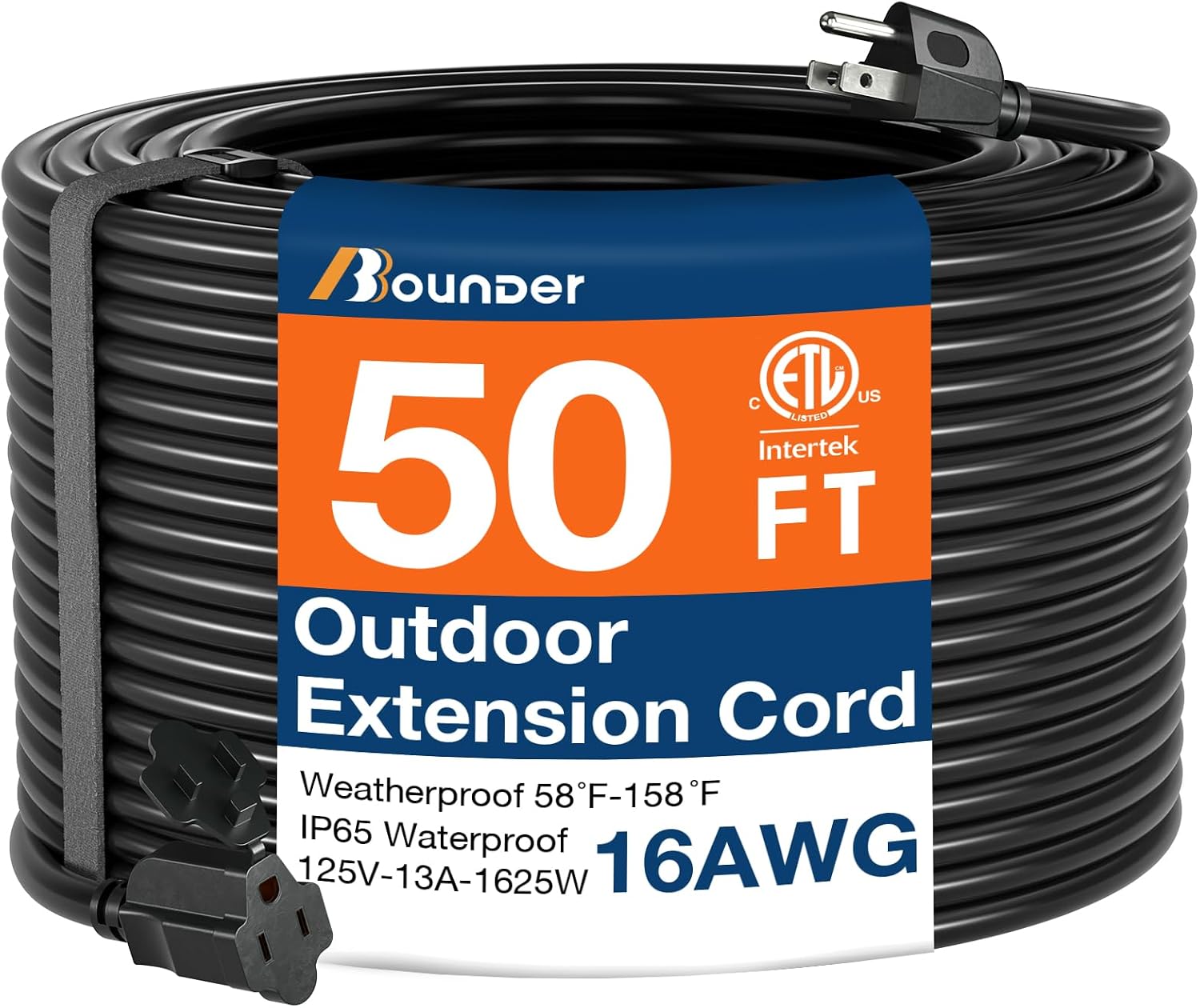 BBOUNDER 50 FT Outdoor Extension Cord Waterproof, Black 16/3 SJTW Heavy Duty 13A 1625W, Flexible 100% Copper 3 Prong Extension Cord for Lawn, Garage, ETL Listed