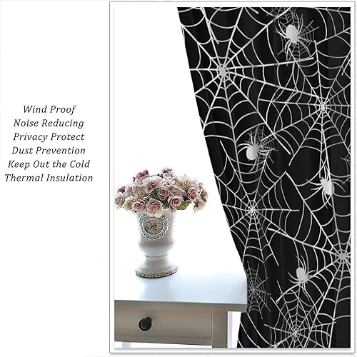 Miniatura 5 de Cortina de Halloween, telaraña aterradora de terror, estilo blanco y negro, decoración de vacaciones, oscurecimiento de la habitación, cortina con