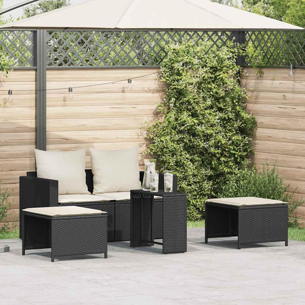 5-częściowy zestaw ogrodowy z poduszkami, składany, czarny, meble patio rattan PE, modułowy narożnik ogrodowy z myjką, odporny na UV, taras balkon, 2 fotele 2 pufy stolik, łączna 110 kg na siedzisko