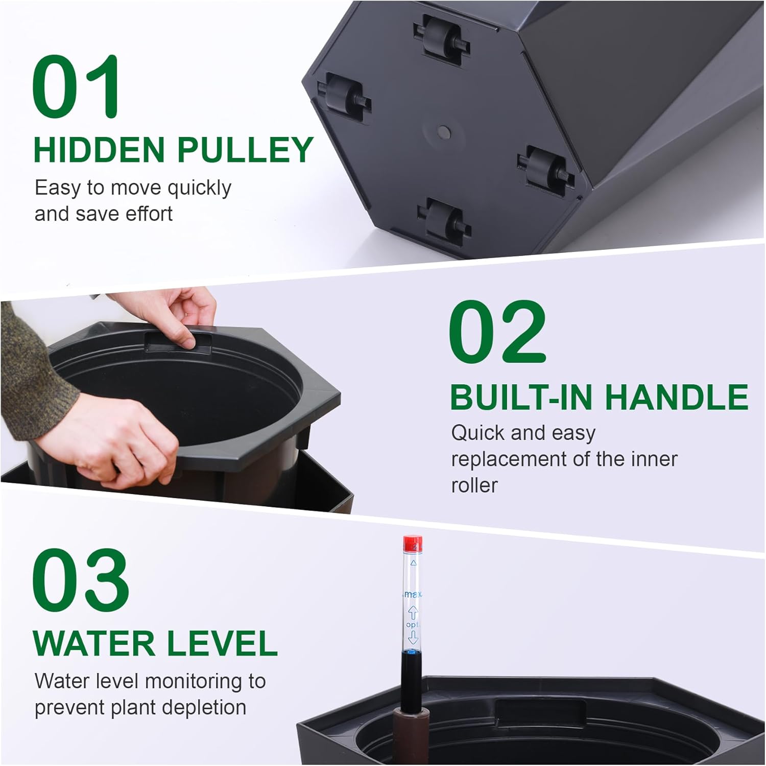 22.4" Black Tall Planters Outdoor Set of 2, Large Black Flower Pots Outdoor with Drainage Holes & Automatic Watering System, Modern Large Resin Planters for Outdoor Plants, Front Porch, Deck, Diamond