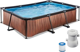 EXIT Toys Aufstellpool Rechteckig 300 x 200 x 65 cm Garten mit Filterpumpe | Wood Look, Braun, Stabiler Stahlrahmen, Mit Filterpumpe und Filter, Sofort einsatzbereit, Wassertiefe 55 cm, 3.700 Liter