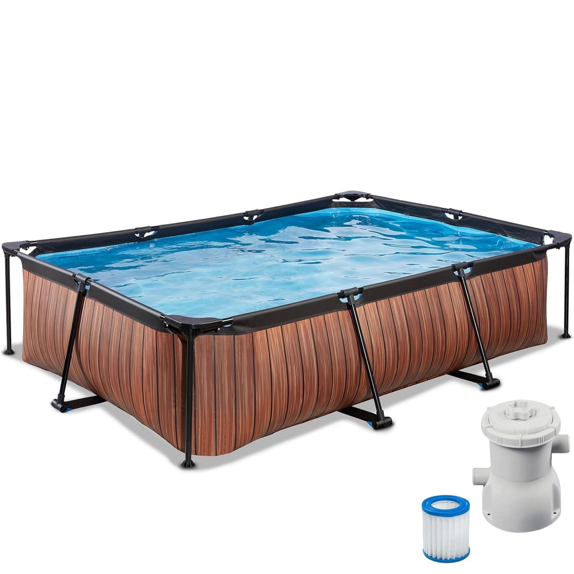 EXIT Toys Piscina in legno – 300 x 200 x 65 cm – Piscina rettangolare compatta con pompa filtro a cartuccia – Facilmente accessibile – Adatto per bambini – Telaio robusto – Design unico – Marrone | effetto legno, marrone, robusto telaio in acciaio, con po