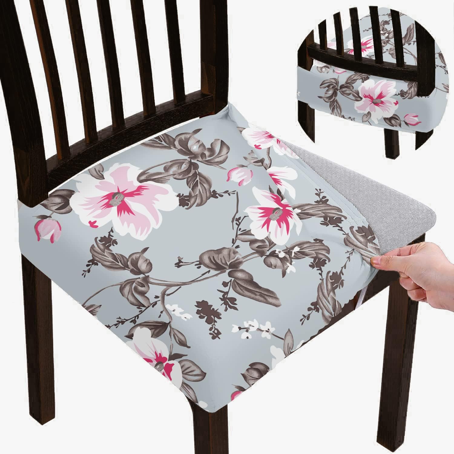 BRIDA Stretchable Floral Geometric Printed Dining Chair Seat Covers Elastic Chair Seat Case Protector, Slipcovers (Grey Pink, 1 Seat Cover)