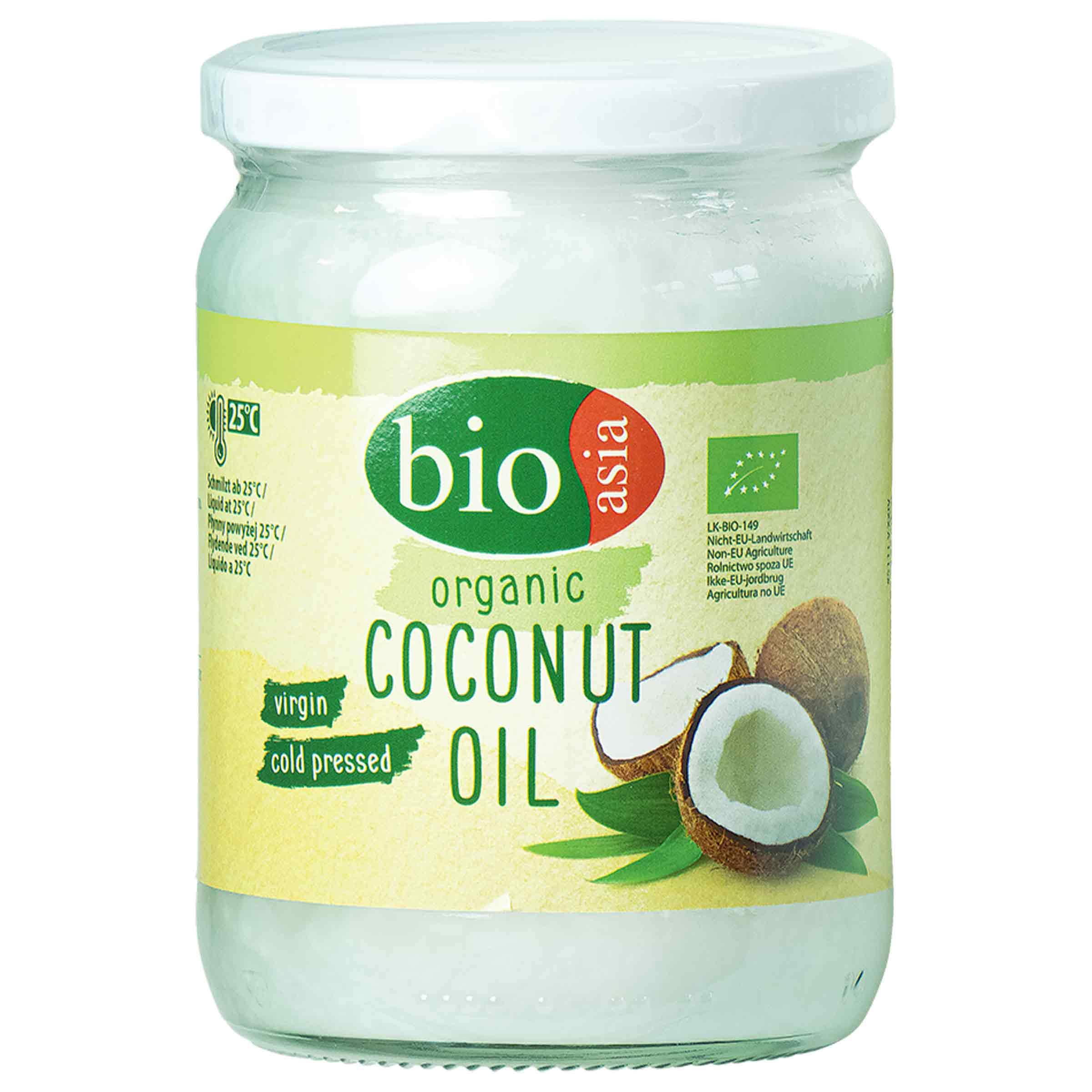 BIOASIA Aceite de coco ecológico, prensado en frío, sin aditivos, grasa vegana para cocinar, freír y hornear, también utilizable como cosmética natural, 100 % bio, 6 x 500 g