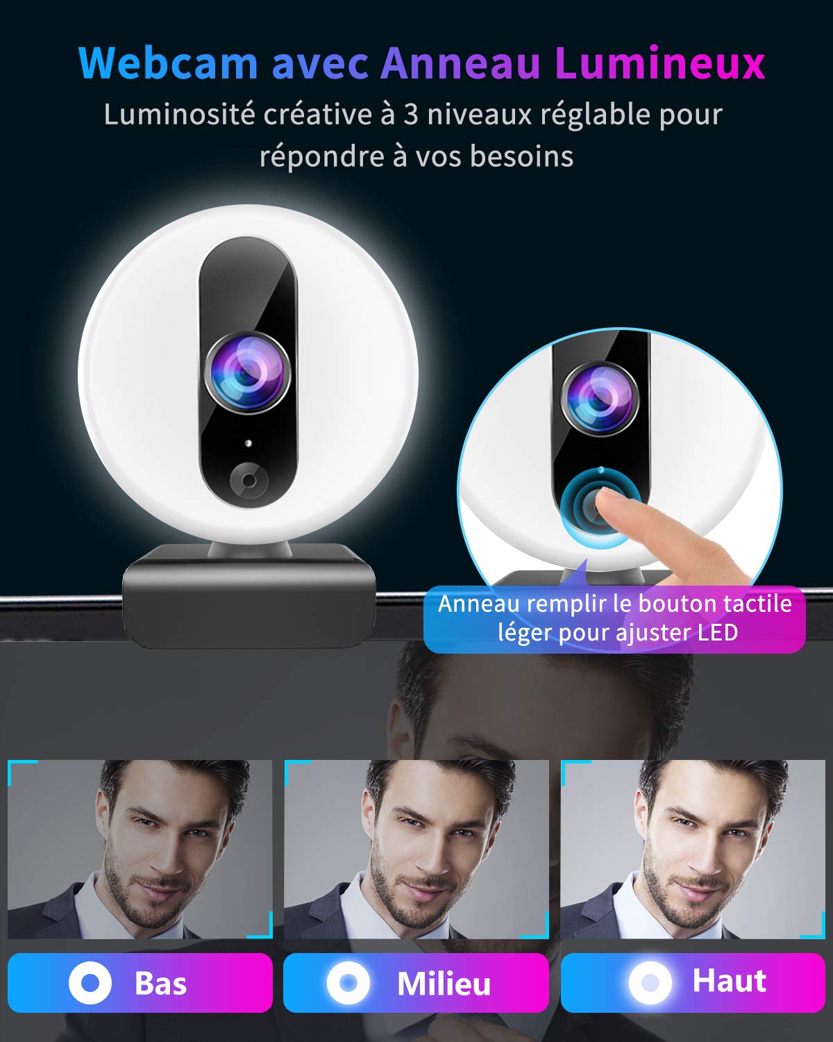 Webcam 2K avec microphone et trépied, pour ordinateur de bureau, USB Plug & Play, caméra d