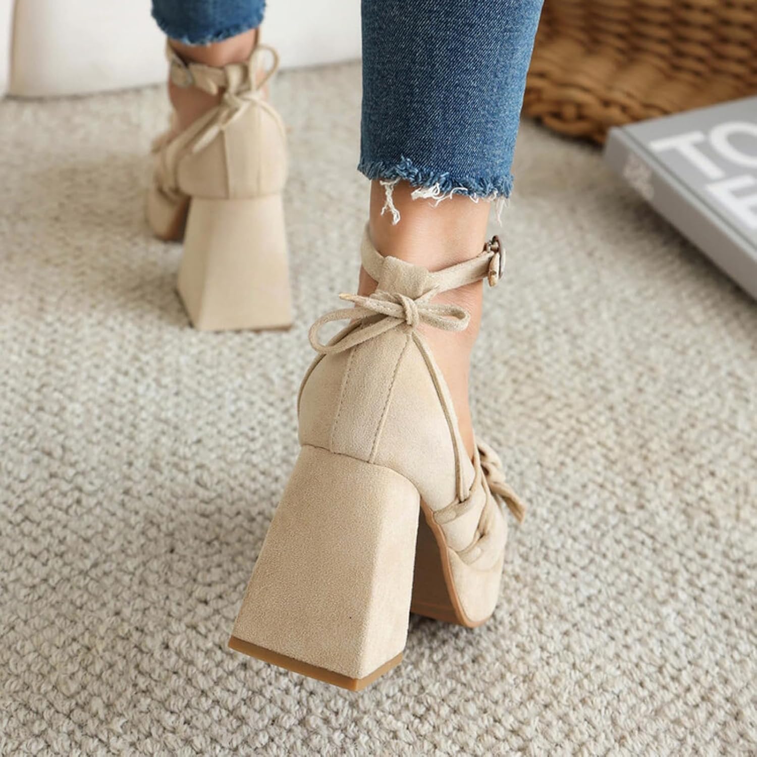 Alyaafifa Chunky Heel Bow Pumps for Women Platform High Heel Mary Janes Closed Round Toe Ankle Strap Leather Suede Dressy Shoes Party Evening Wedding Prom Business