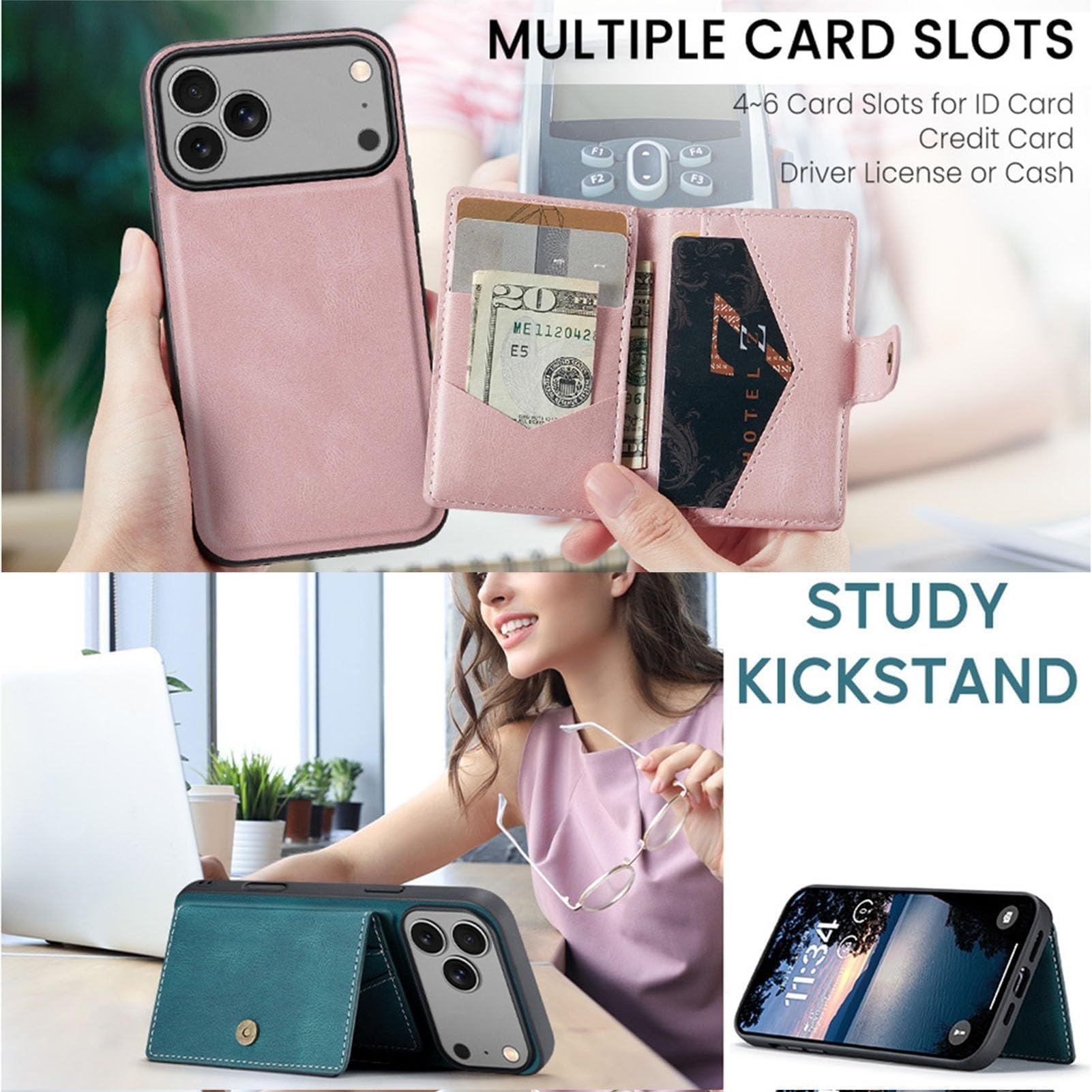Etui na iPhone'a 17 Pro Max/17 Pro/17 Air/17, odporna na zarysowania powłoka ze skóry PU z wkładaniem karty, magnetyczny uchwyt zatrzaskowy (niebieski, 17 Pro)