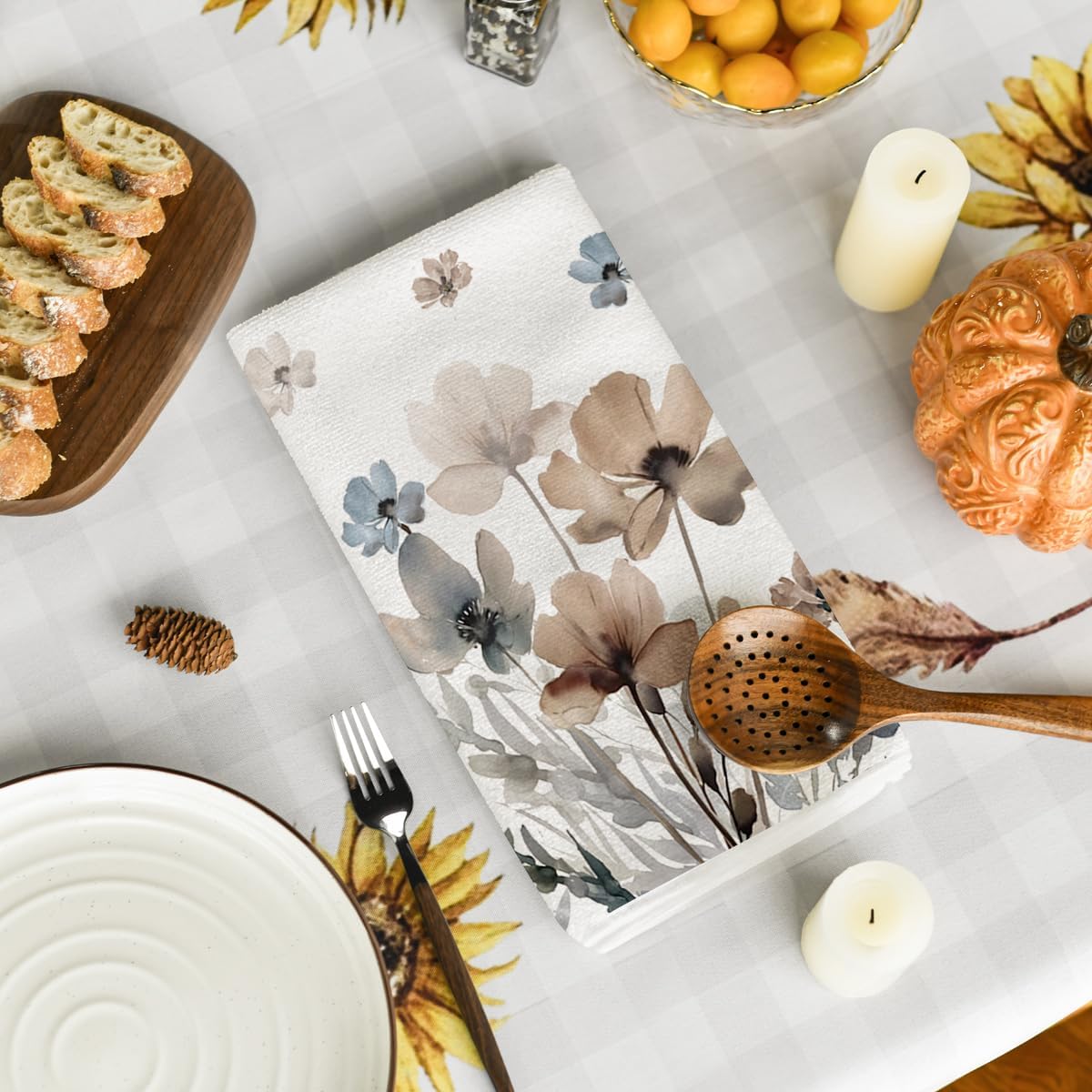 Artoid Mode Brown Poppy Floral Leaves Spring Kitchen Towels Dish Towels, 18x26 Inch Seasonal Summer Decoration Hand Towels Set of 2 - Image 4