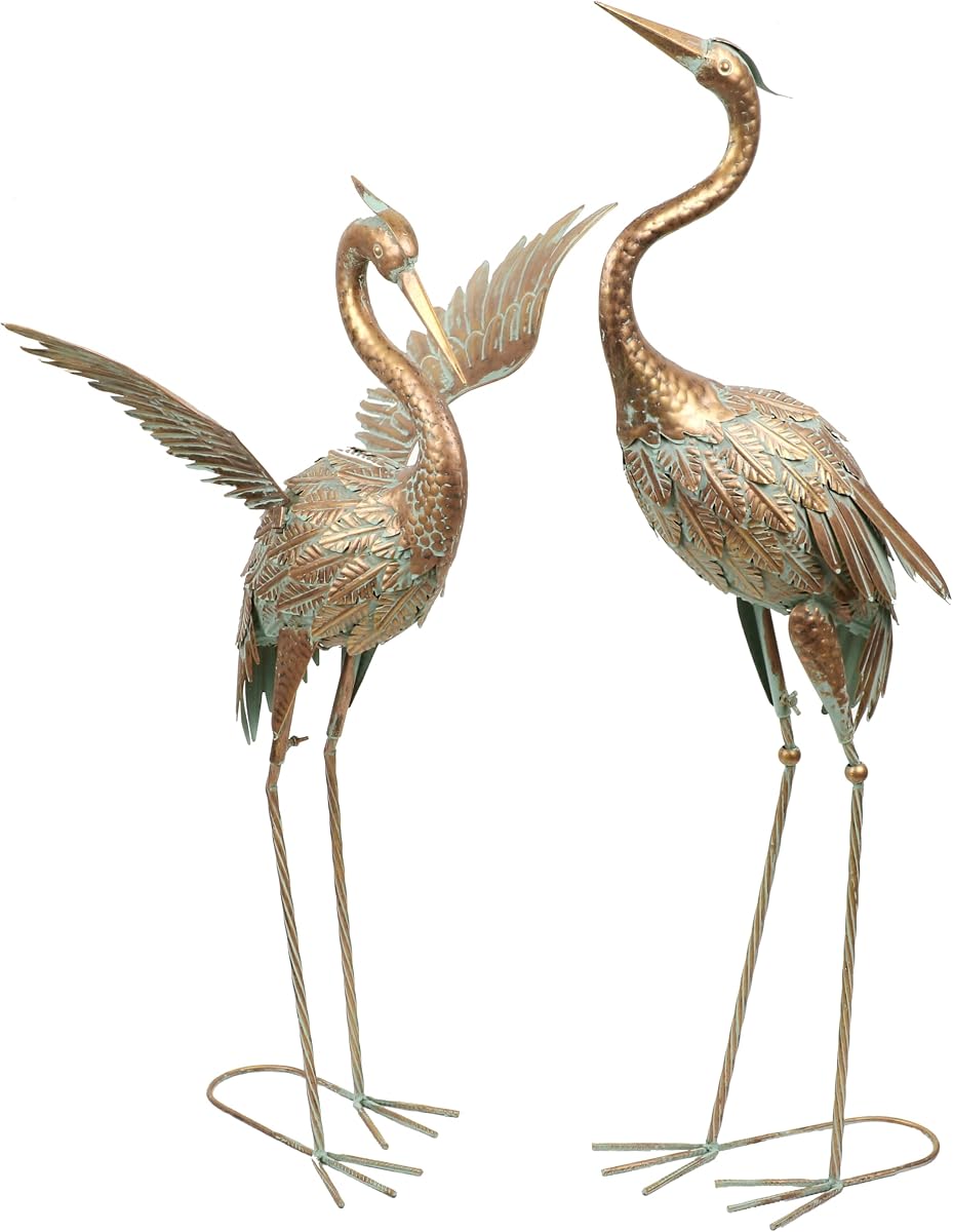 TERESA'S COLLECTIONS Garden Statues, Standing Metal Golden Heron Decoy Waterproof Outdoor Statue,33-39" Bird Yard Art for Outdoor Indoor Decorations,Outside Patio,Pool, Lawn,Set of 2,Gift for Mom