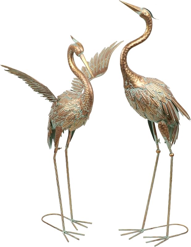 TERESA'S COLLECTIONS Garden Statues, Standing Metal Golden Heron Decoy Waterproof Outdoor Statue,33-39" Bird Yard Art for Outdoor Indoor Decorations,Outside Patio,Pool, Lawn,Set of 2,Gift for Mom