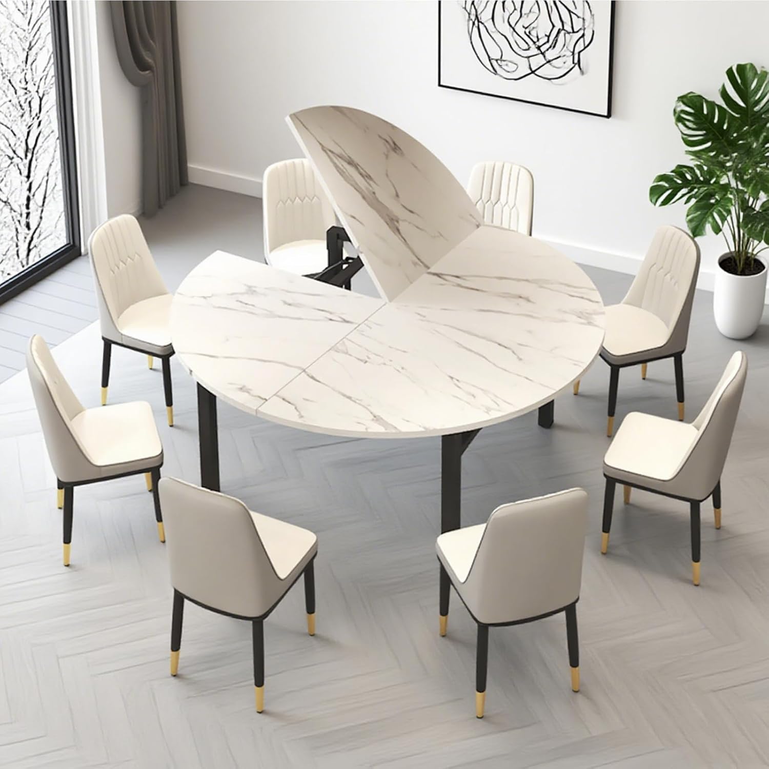 Big Foldable Round Table Tops only Extender, Large Round Folding Tabletop Extender Extend-8in No Legs, 4-fold Portable Wooden Dining Table top for Dining/Kitchen (TT WhiteMarble, 70.86in)